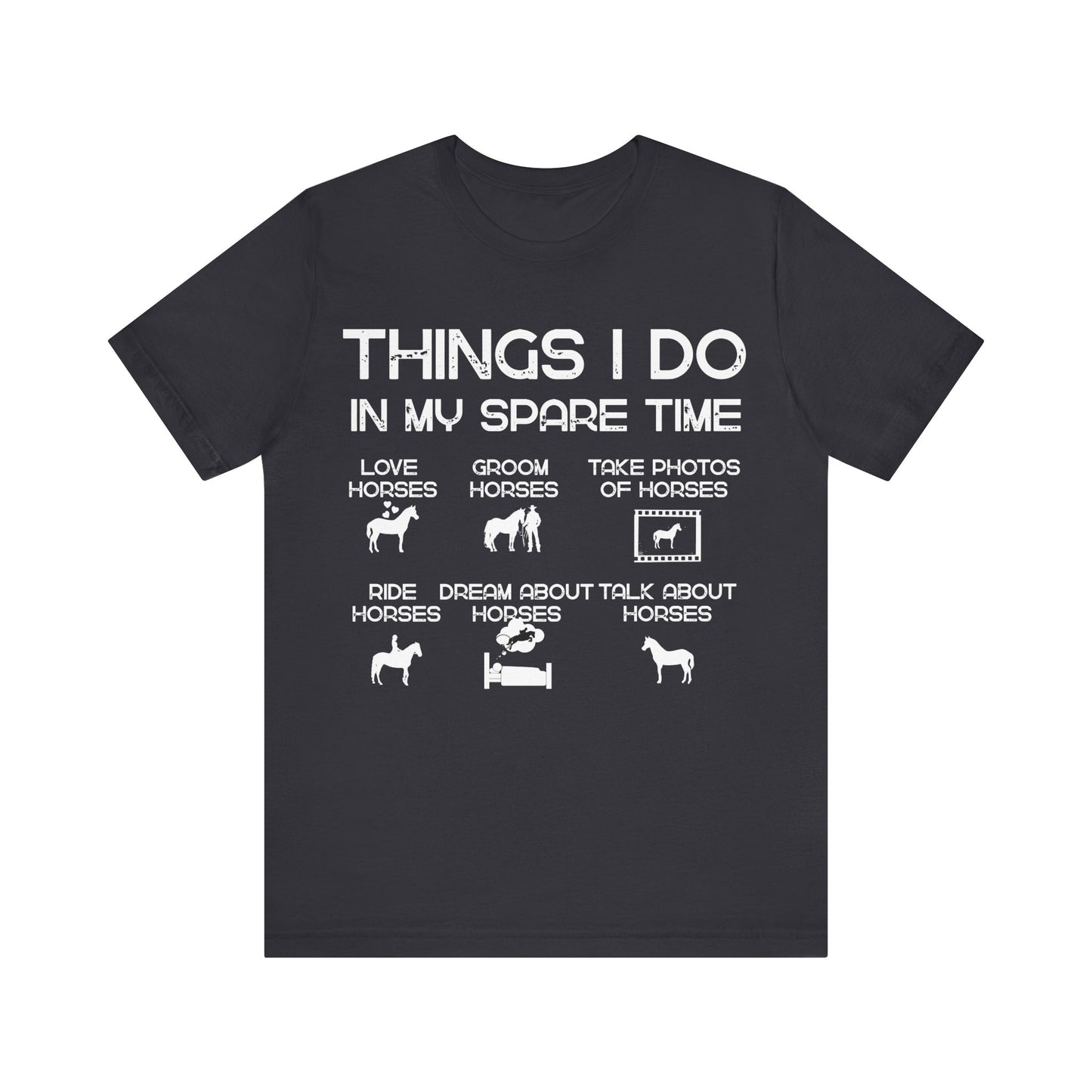 Black t-shirt with white text and horse-related graphics on a white background