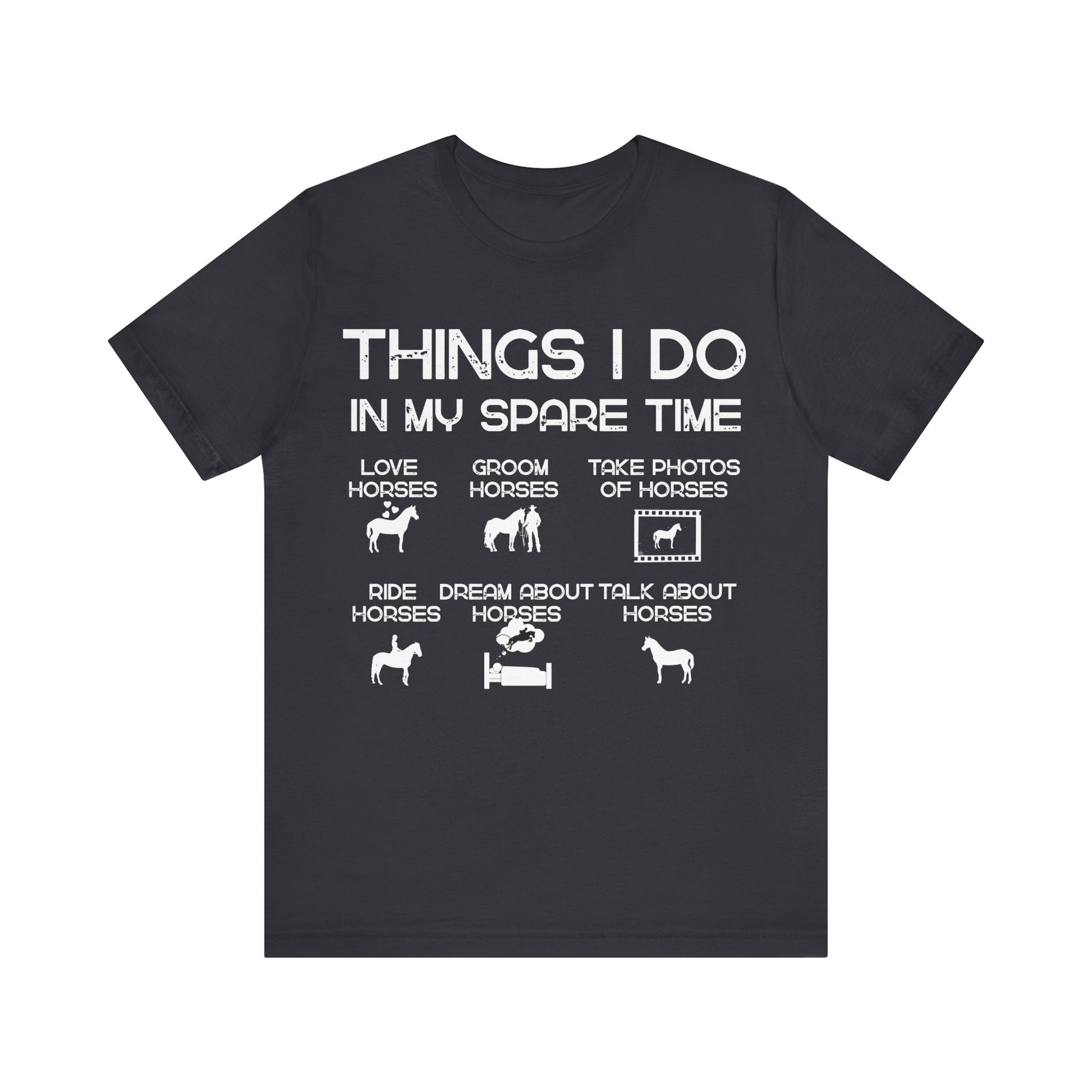 Black t-shirt with white text and horse-related graphics on a white background