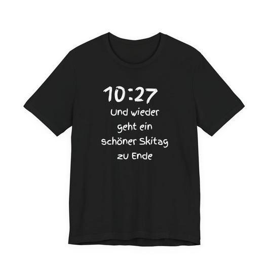 Black t-shirt with white text on a white background