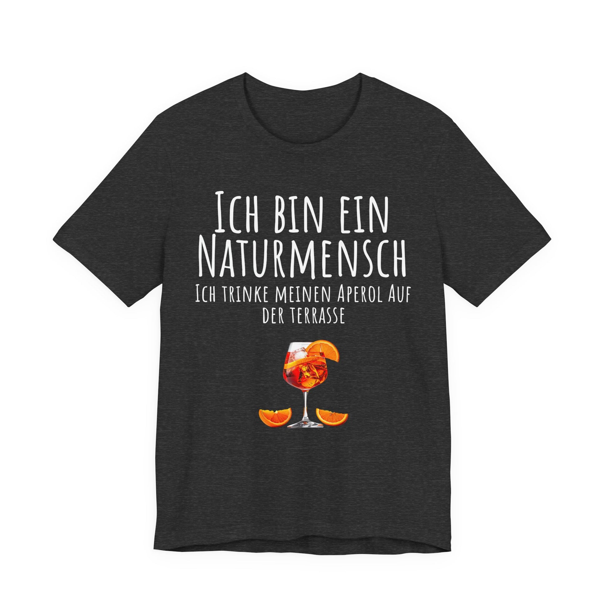 Black t-shirt with a drink graphic and German text on a white background
