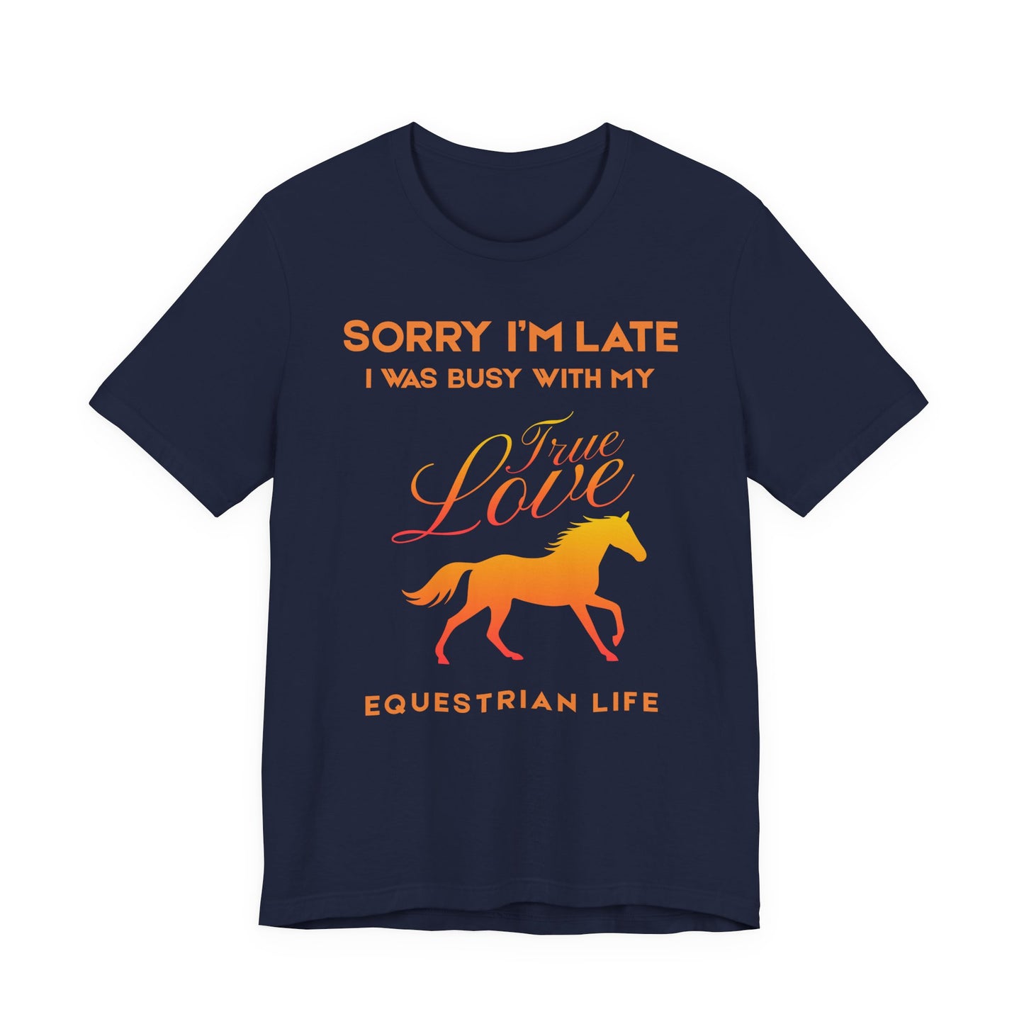 Navy blue t-shirt with orange text and horse graphic on a white background