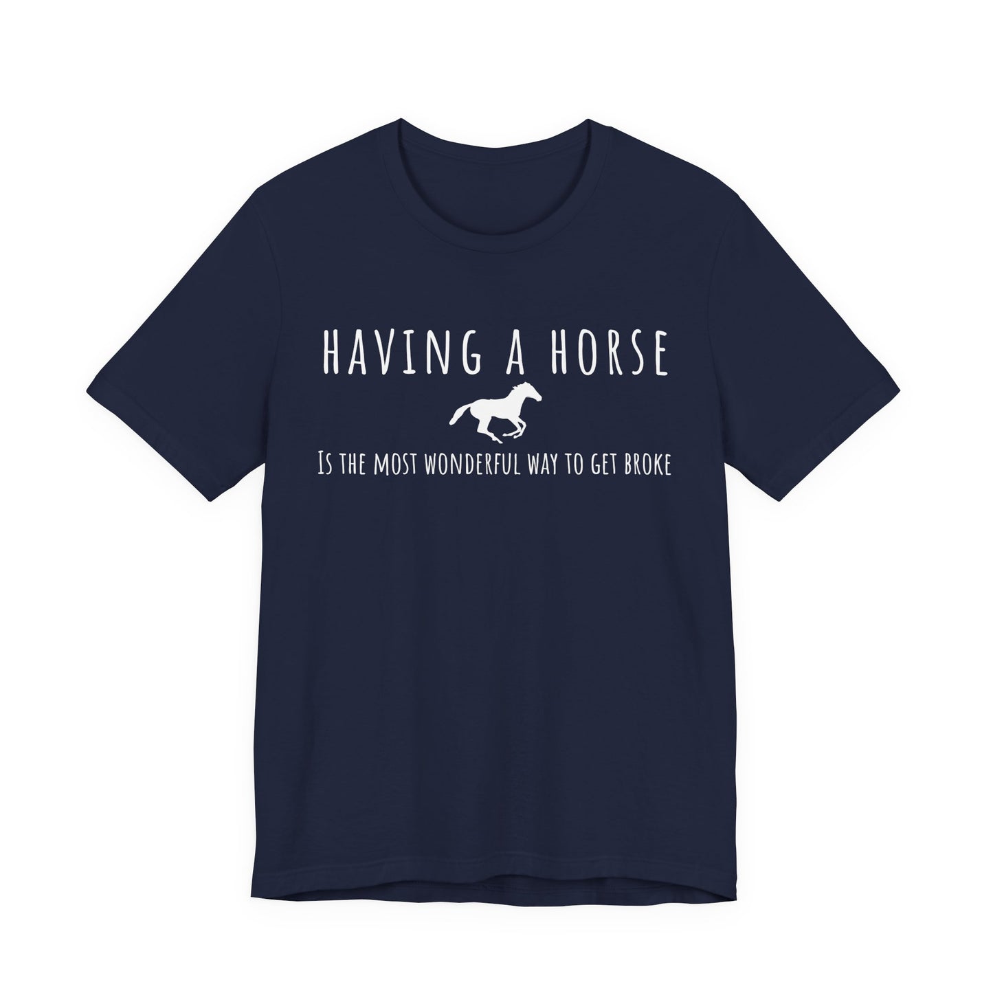 Navy blue t-shirt with white text and horse graphic on a white background