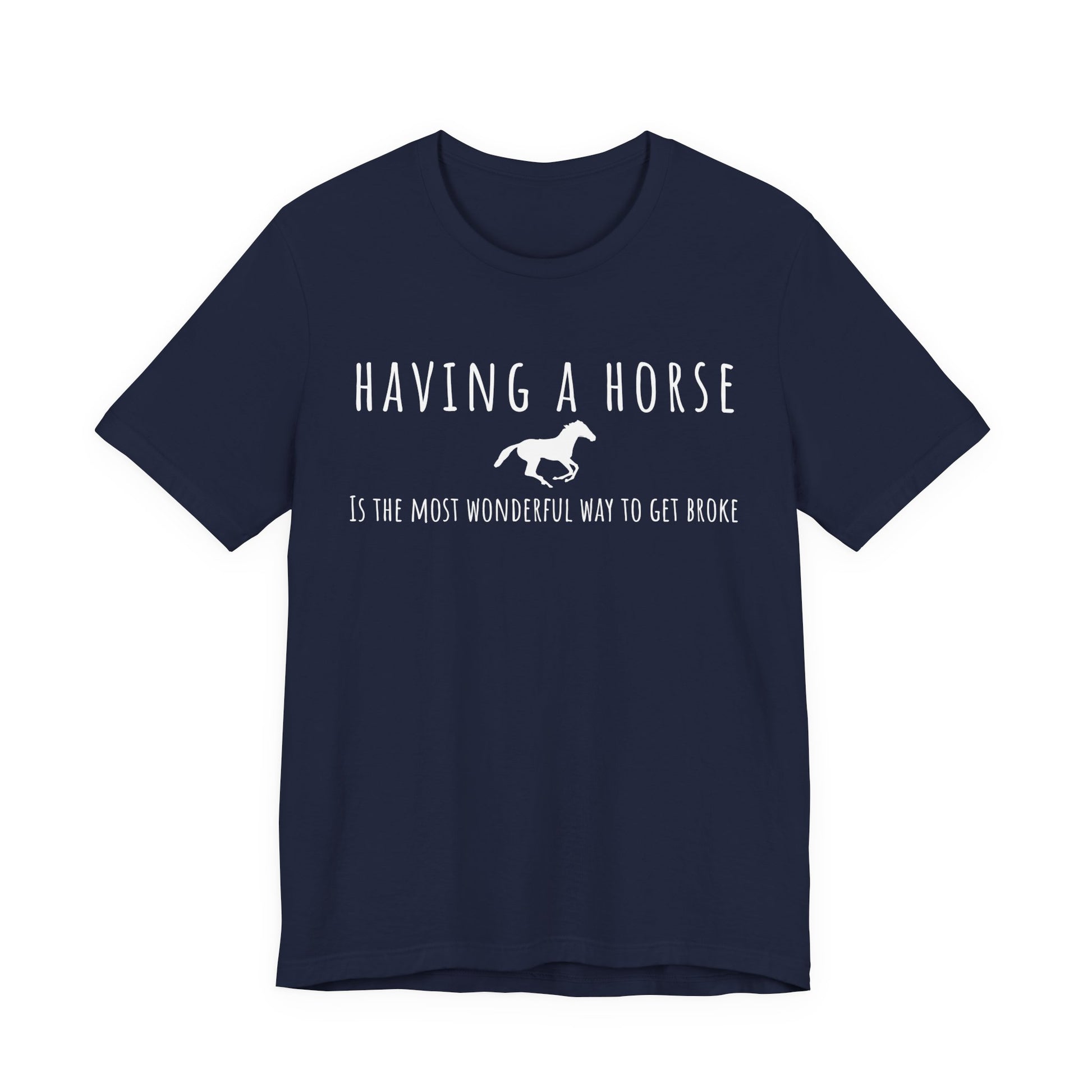 Navy blue t-shirt with white text and horse graphic on a white background