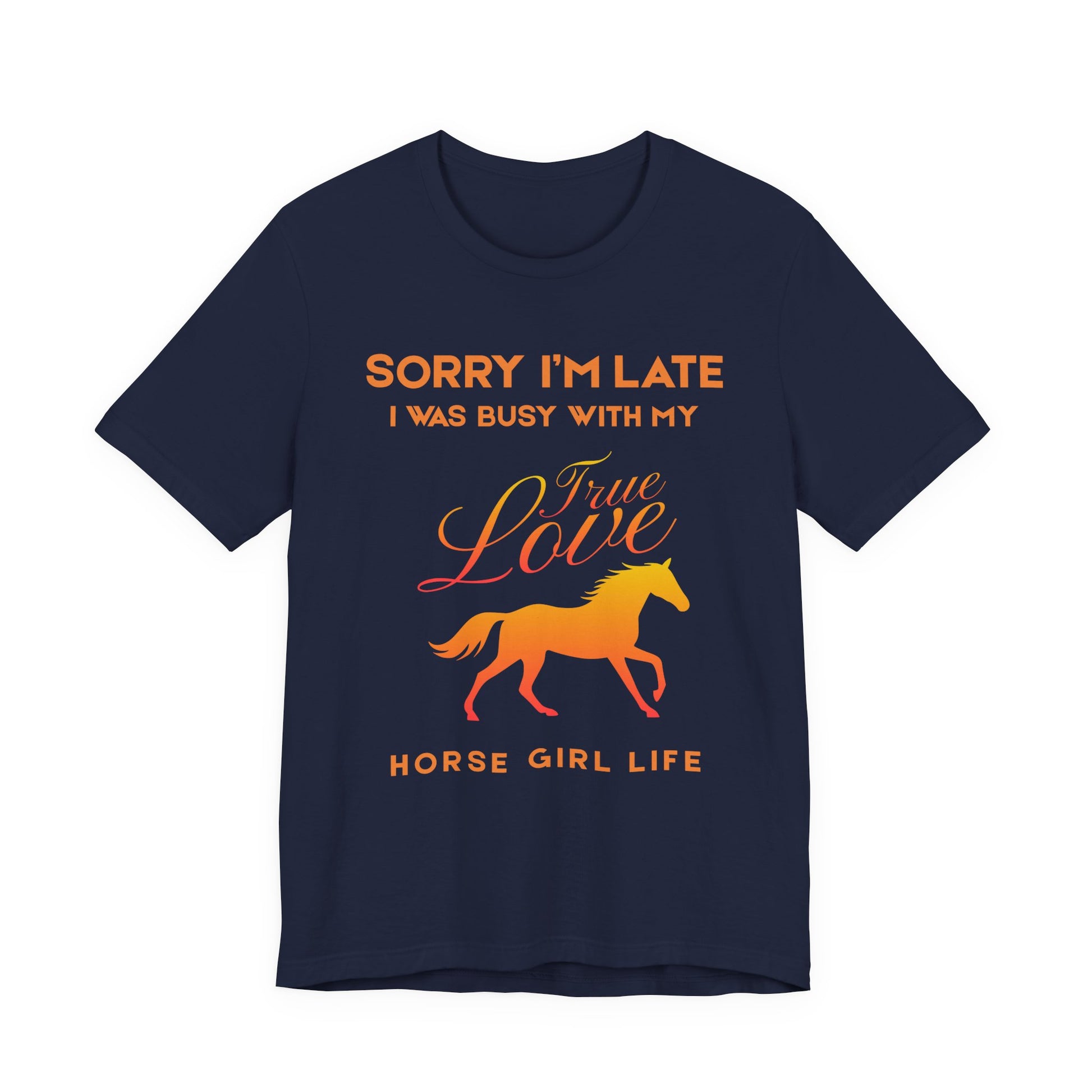 Navy blue t-shirt with orange and red text and a horse graphic on a white background