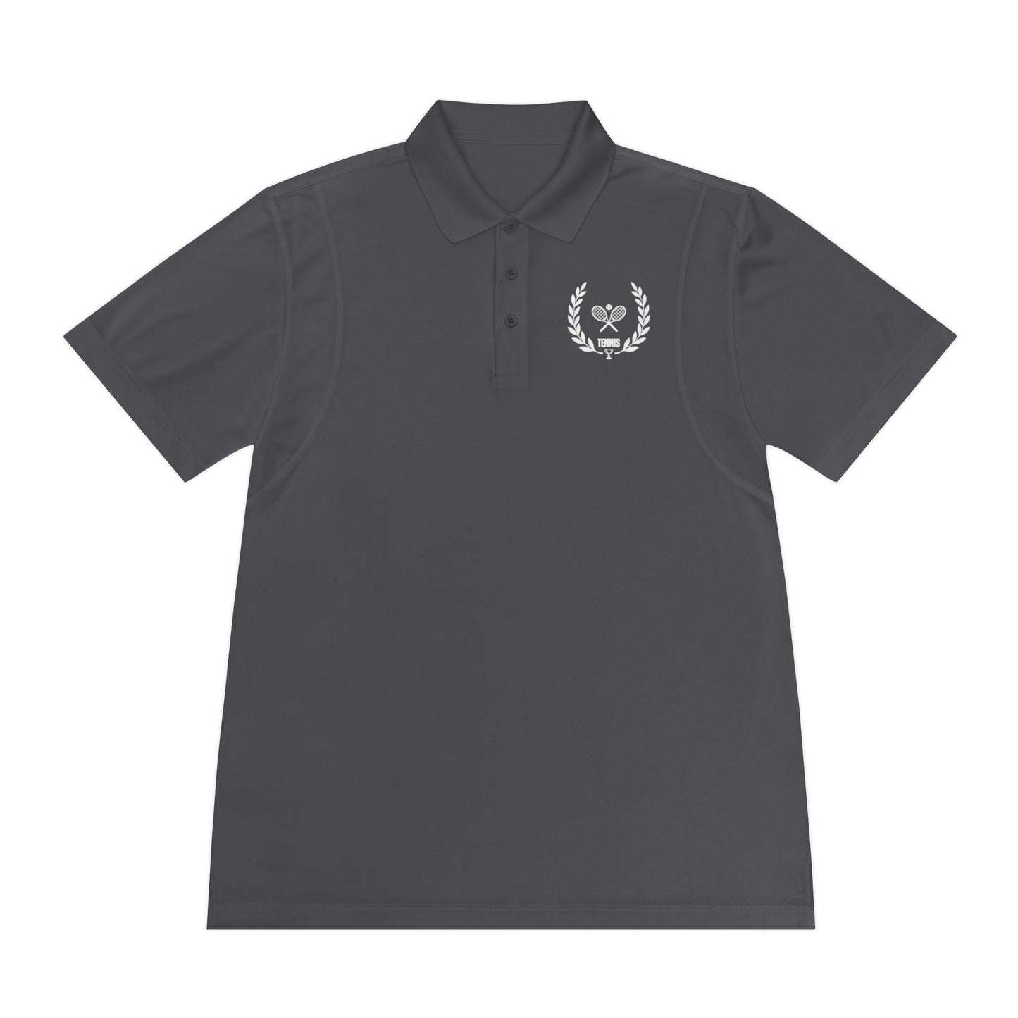 Dark gray polo shirt with a white emblem on a white background