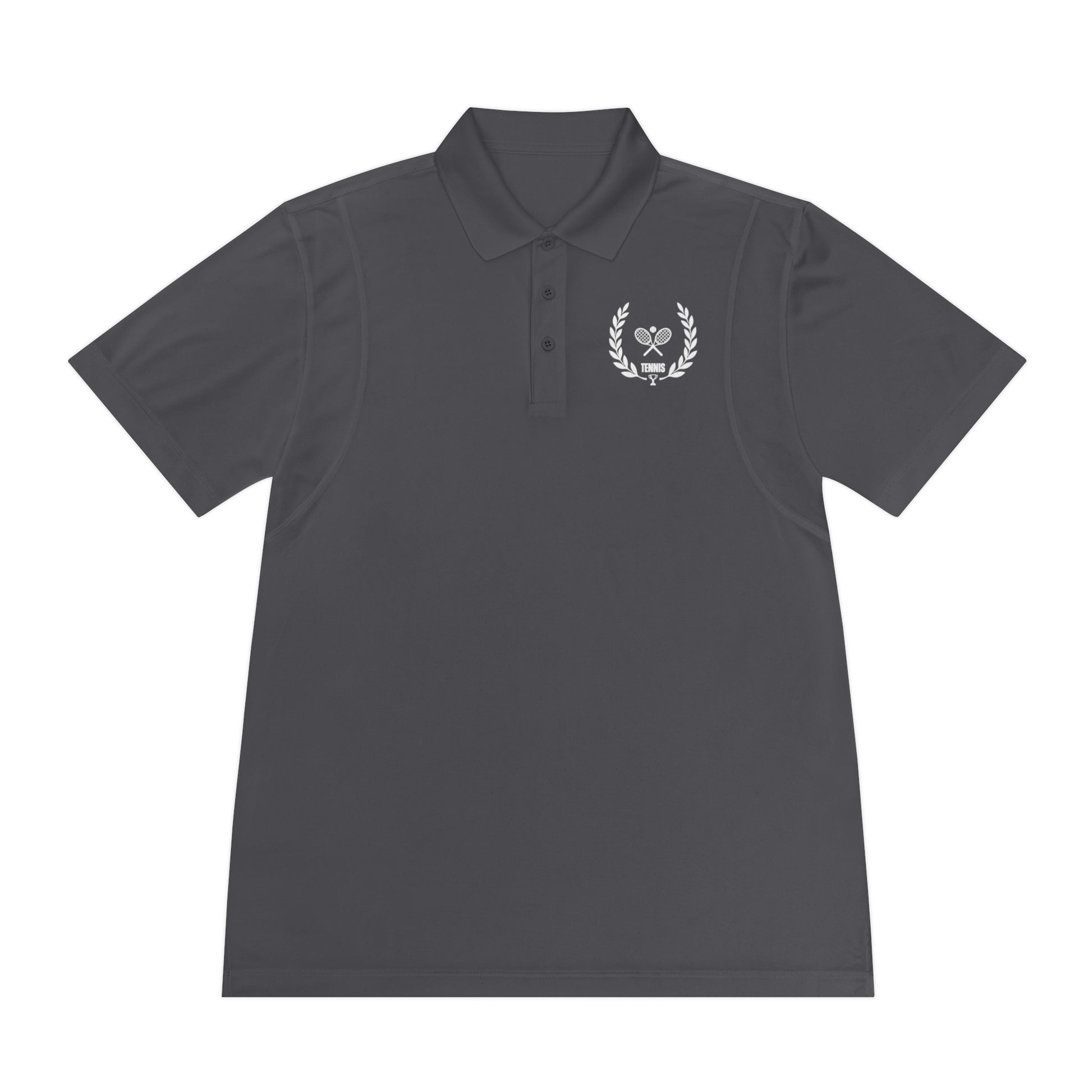 Dark gray polo shirt with a white emblem on a white background