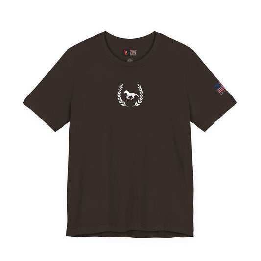 Brown t-shirt with a logo on the chest and text on the sleeve against a white background