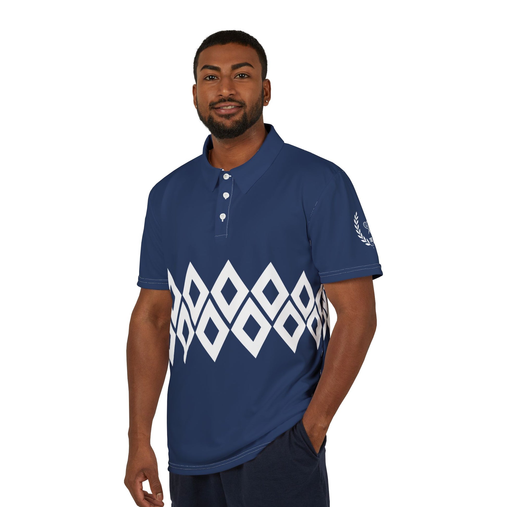 Tennis 1980 Polo Shirt Man wearing a blue polo shirt with white geometric pattern on a white background