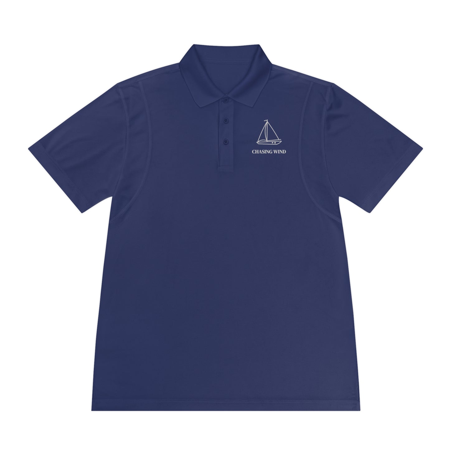 Sailing Polo Shirt Navy blue polo shirt with a brand logo on a white background
