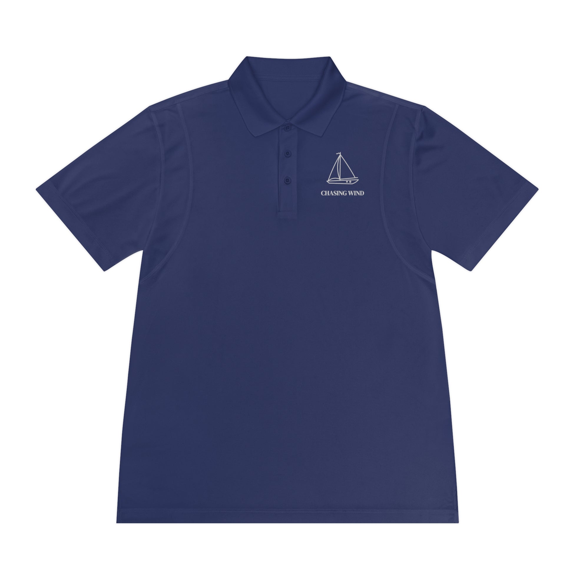 Sailing Polo Shirt Navy blue polo shirt with a brand logo on a white background