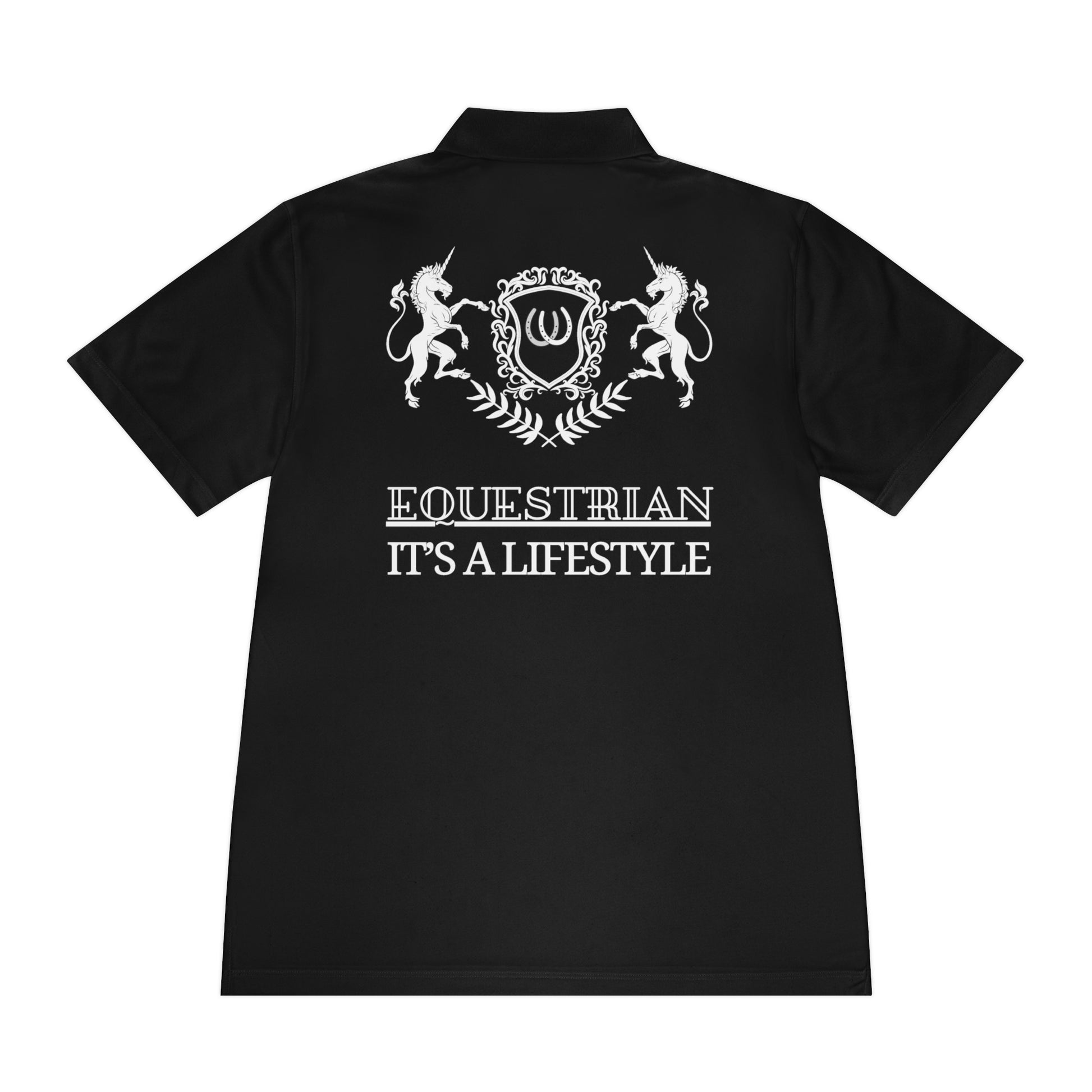 Black polo shirt with white graphic and text on a white background