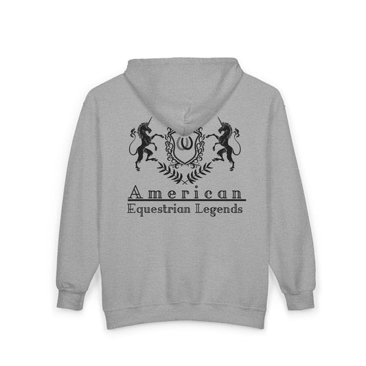 Gray hoodie with 'American Equestrian Legends' design on the back against a white background
