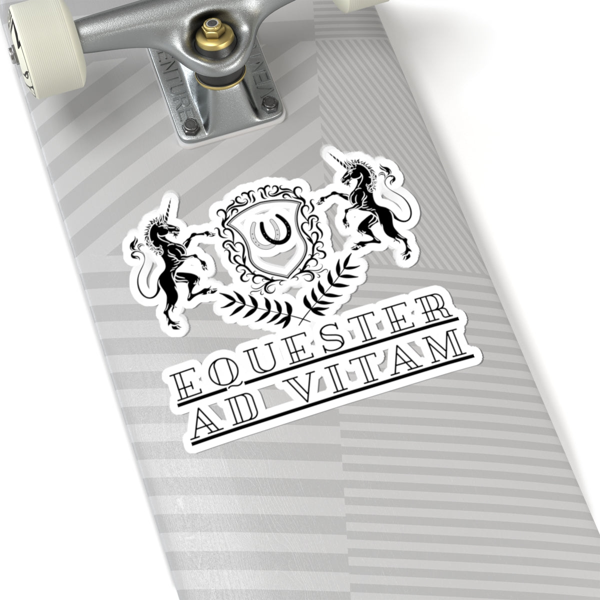 Skateboard with 'Equester Ad Vitam' sticker on a white background