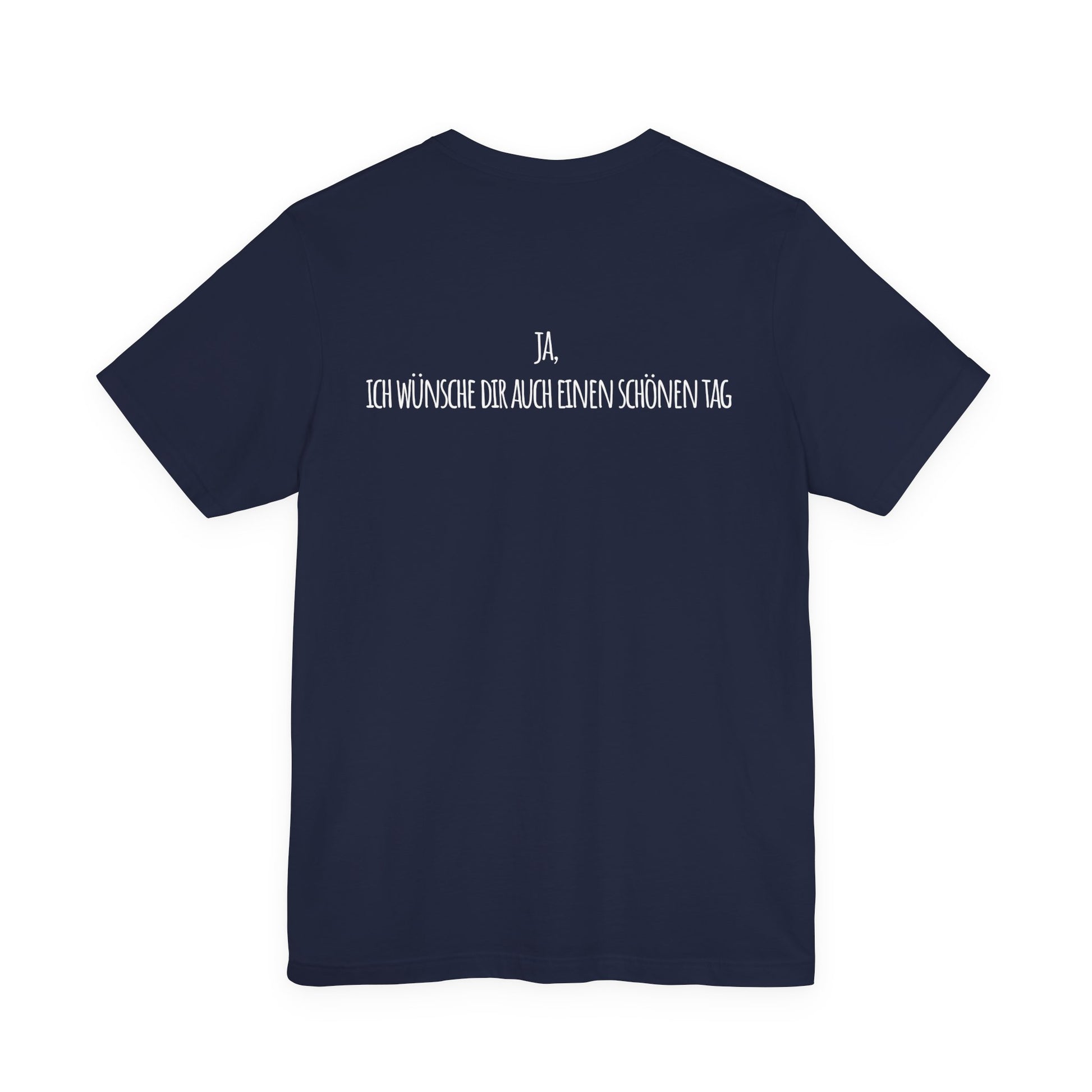 Navy blue t-shirt with white text on the back against a white background