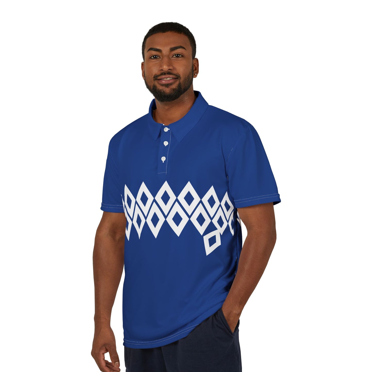 Man wearing a blue polo shirt with a white geometric pattern on a white background