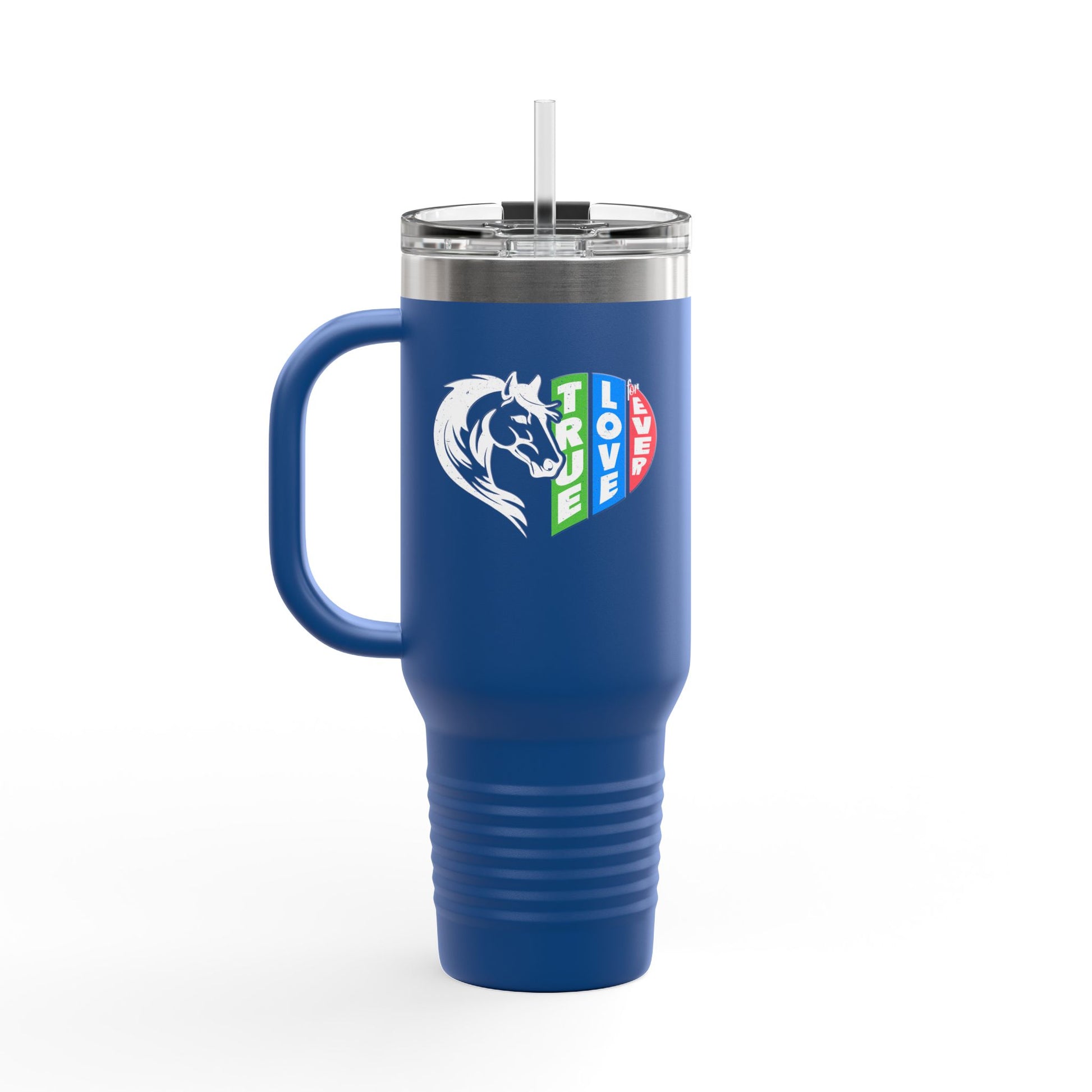 Blue travel mug with a handle and straw on a white background