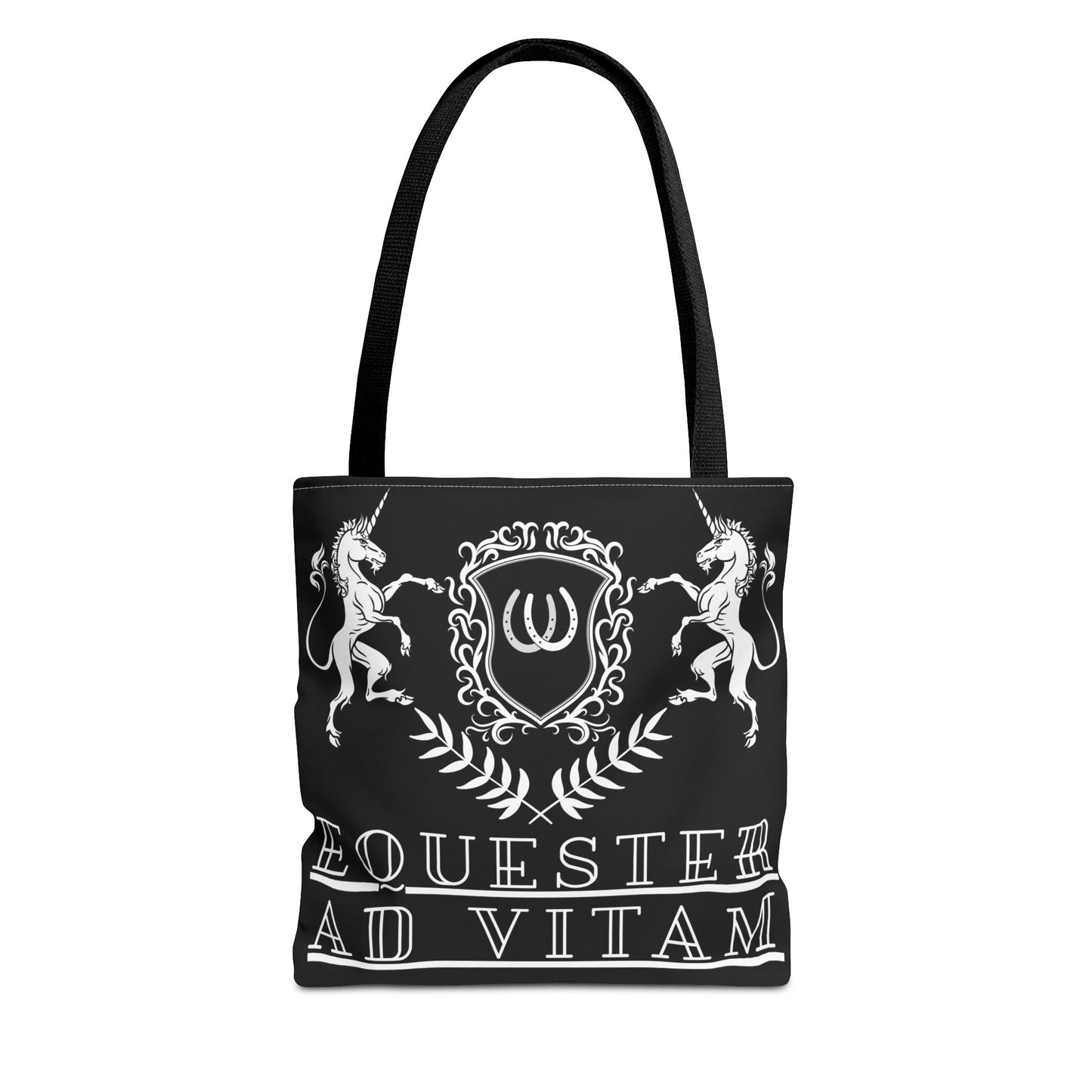Black tote bag with white emblem and text on a white background