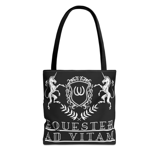 Black tote bag with white emblem and text on a white background