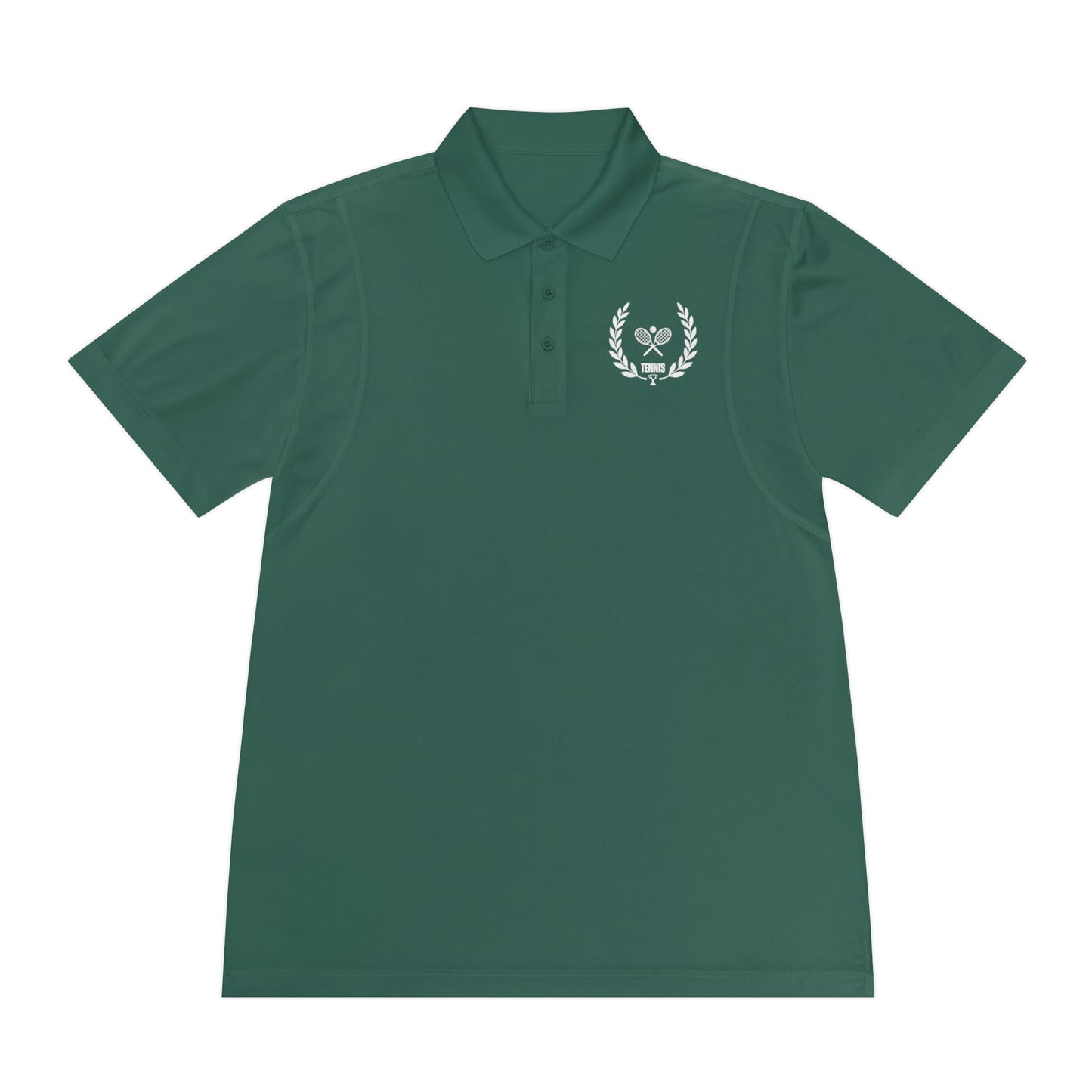 Green polo shirt with a white emblem on a white background
