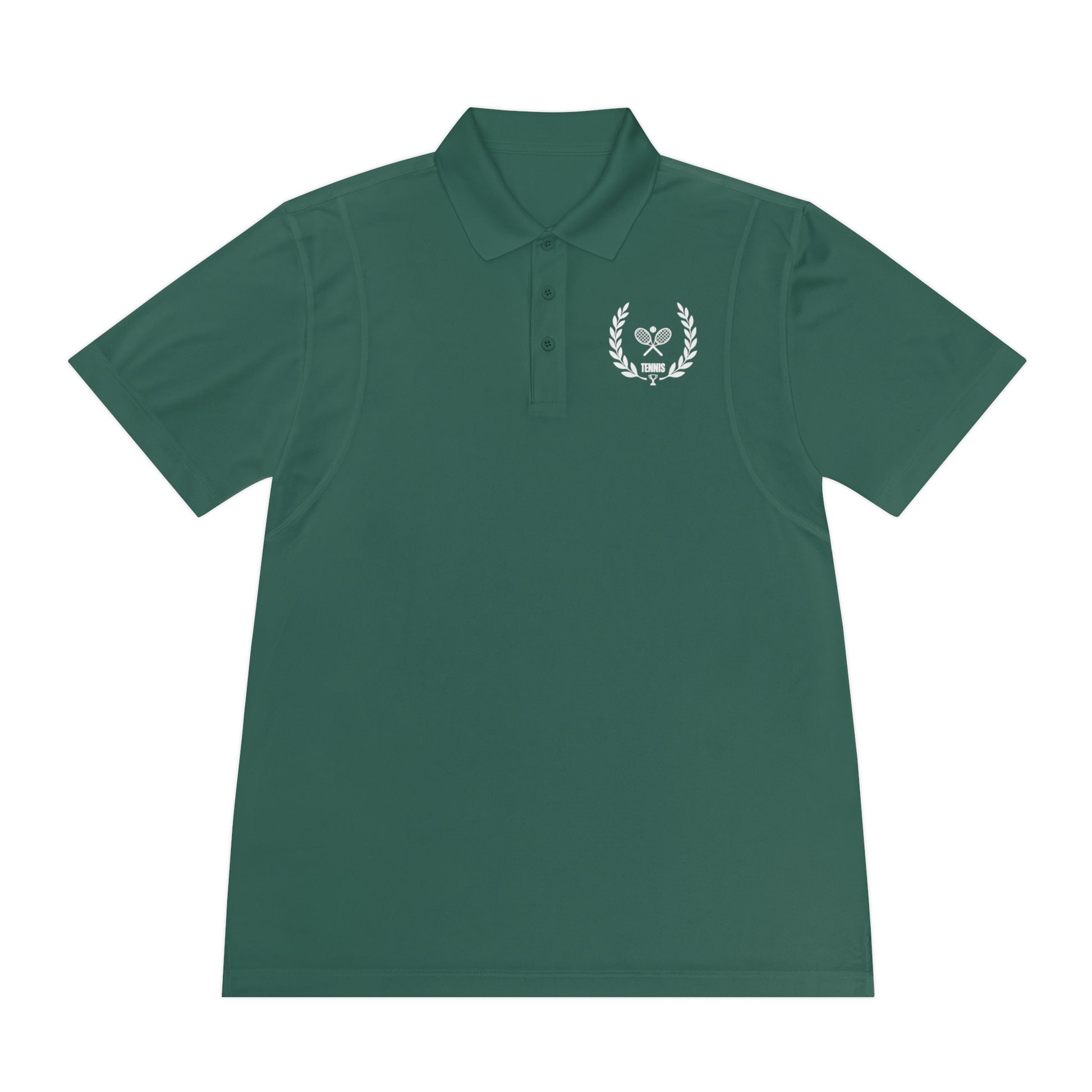 Green polo shirt with a white emblem on a white background