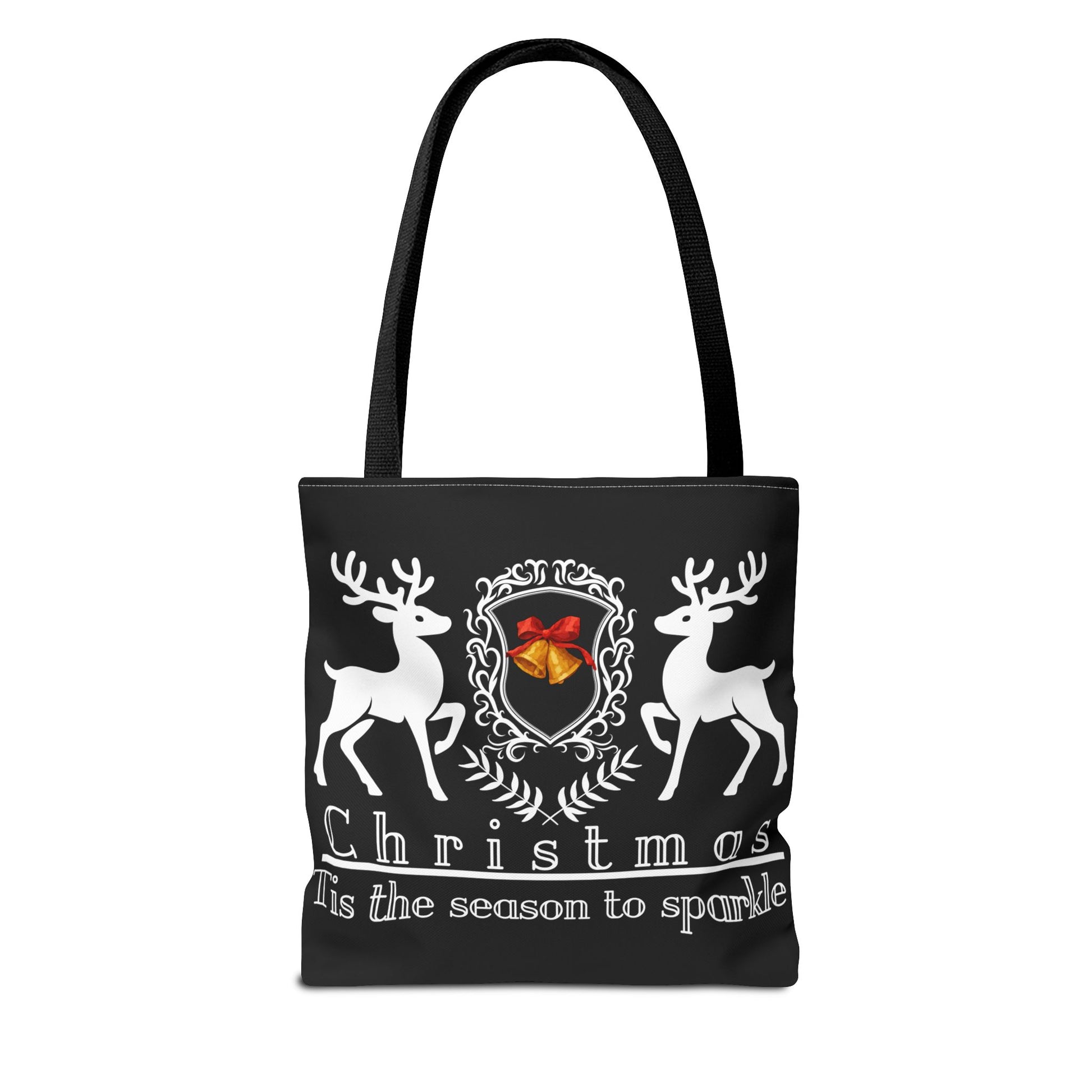 Black tote bag with Christmas design featuring reindeer and a bell on a white background