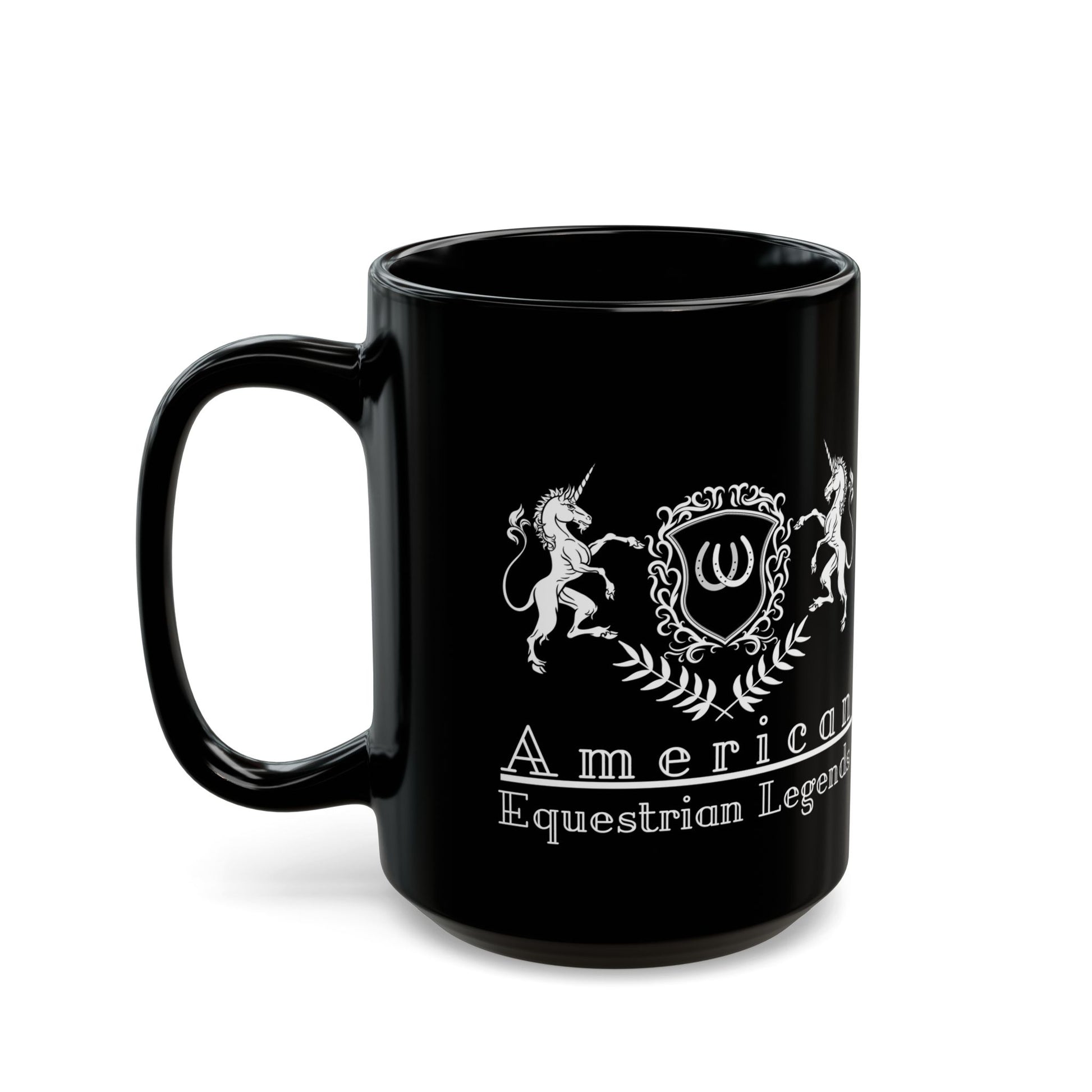 Black mug with white equestrian design and text on a white background