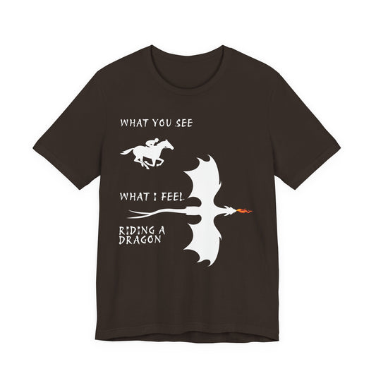 Black t-shirt with a dragon and horse graphic and text on a white background