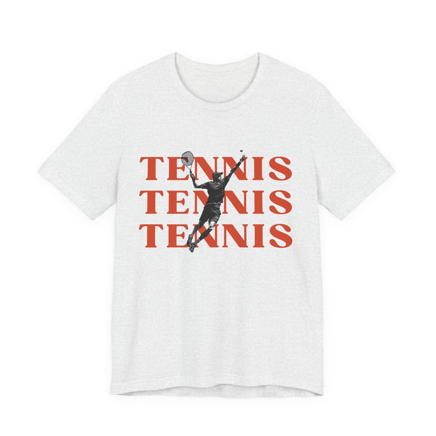 White t-shirt with red 'TENNIS TENNIS TENNIS' text and tennis player graphic on a white background