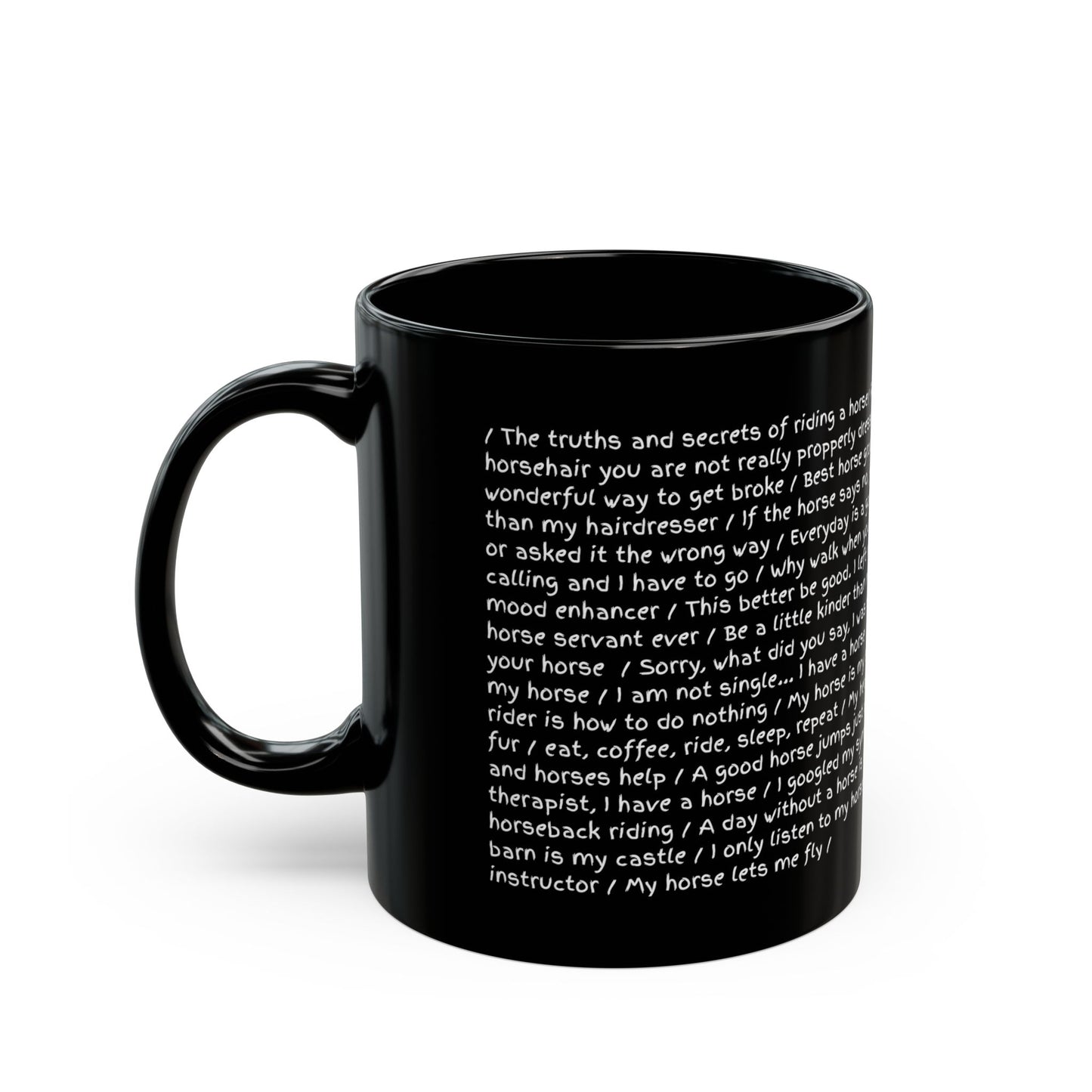 Black mug with white text on a white background