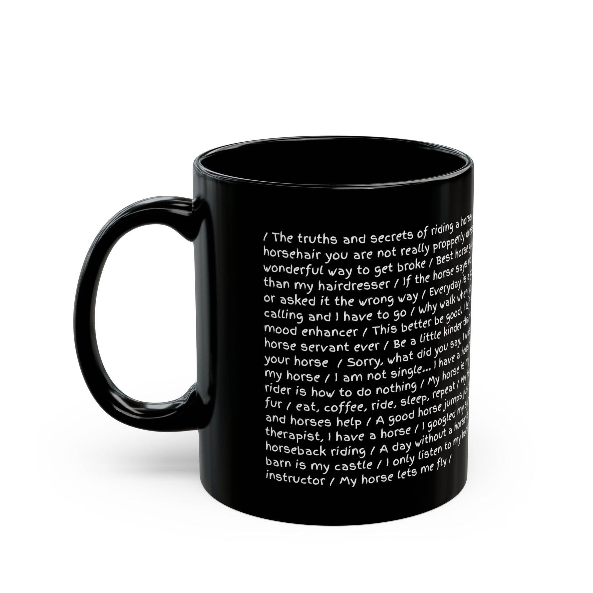 Black mug with white text on a white background