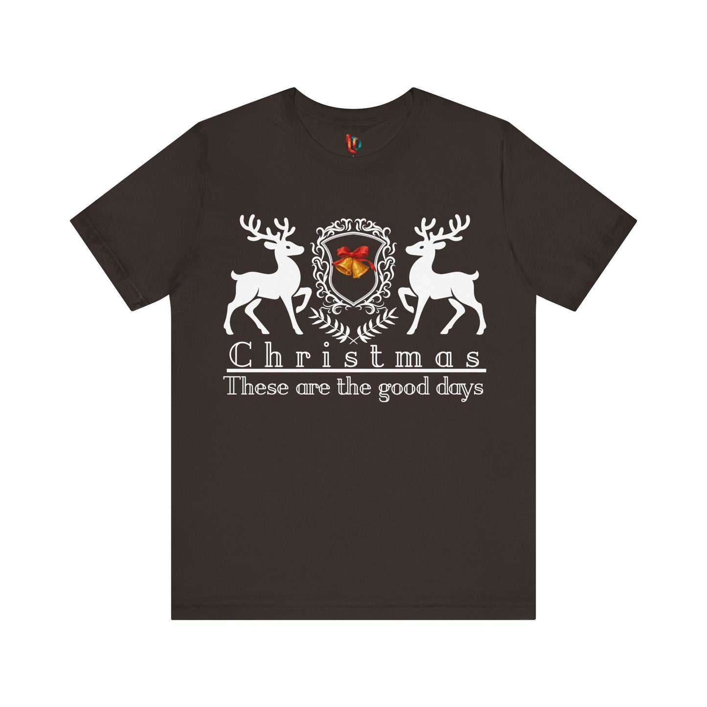 Brown t-shirt with Christmas design featuring deer and text on a white background