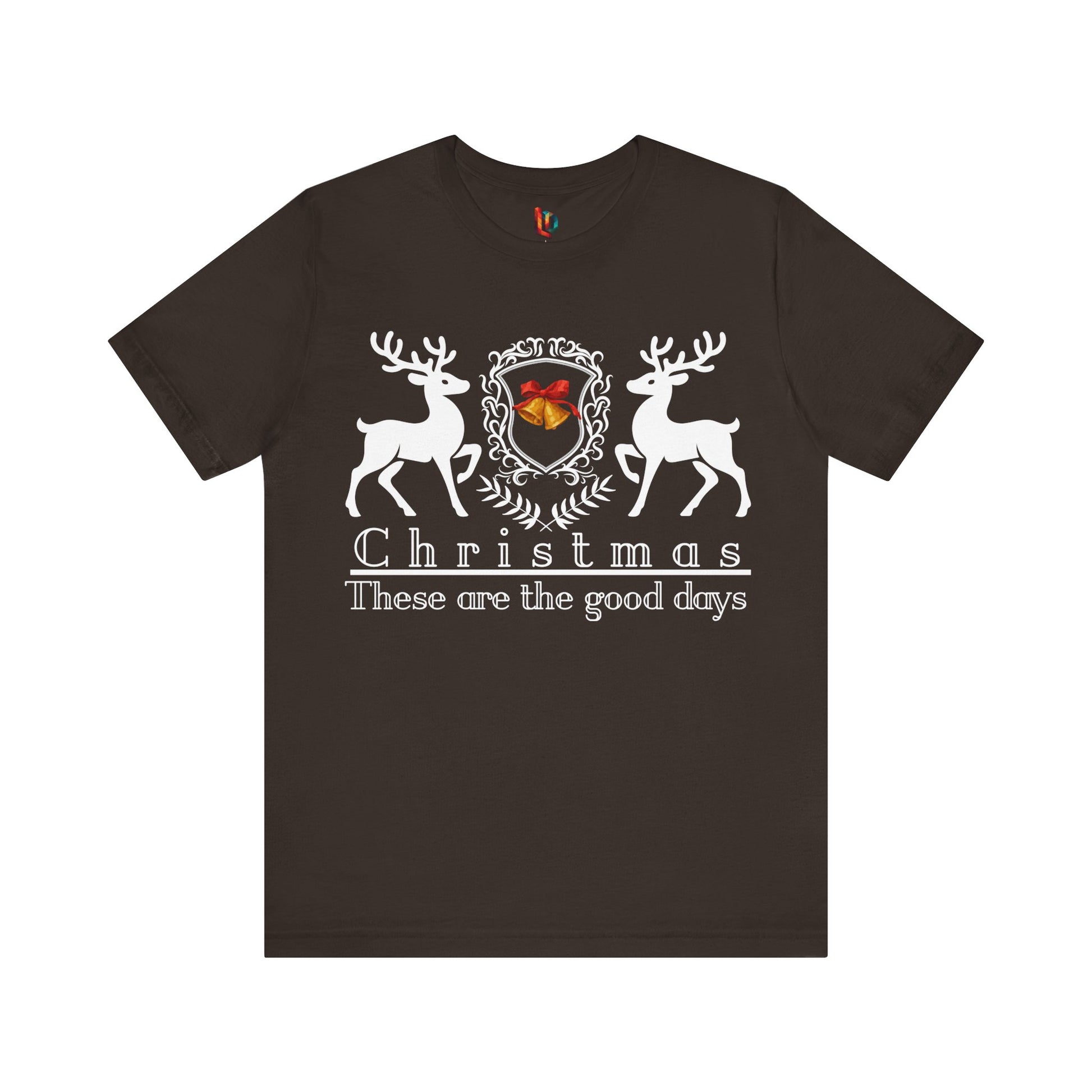 Brown t-shirt with Christmas design featuring deer and text on a white background