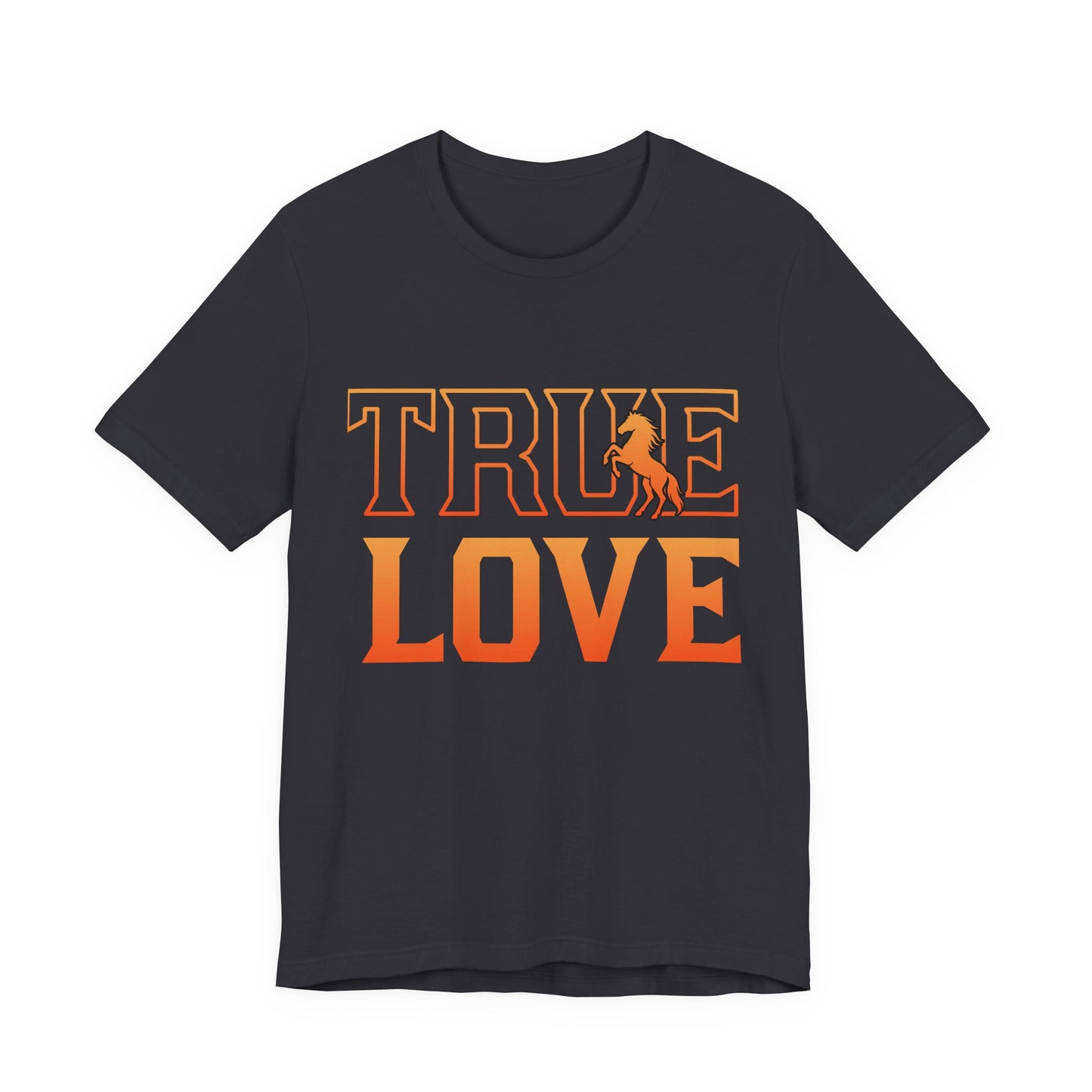 Black t-shirt with 'TRUE LOVE' in orange text on a white background