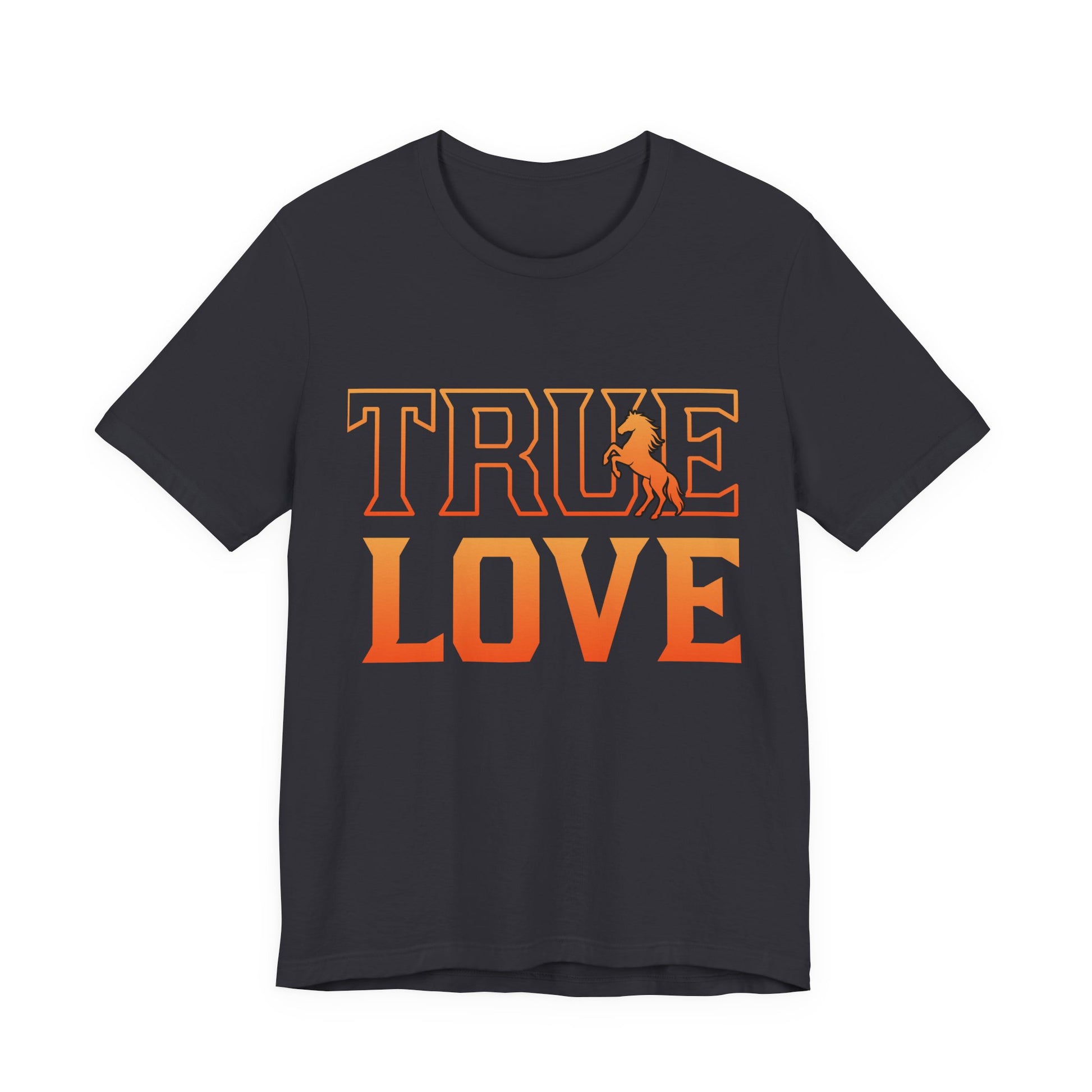 Black t-shirt with 'TRUE LOVE' in orange text on a white background