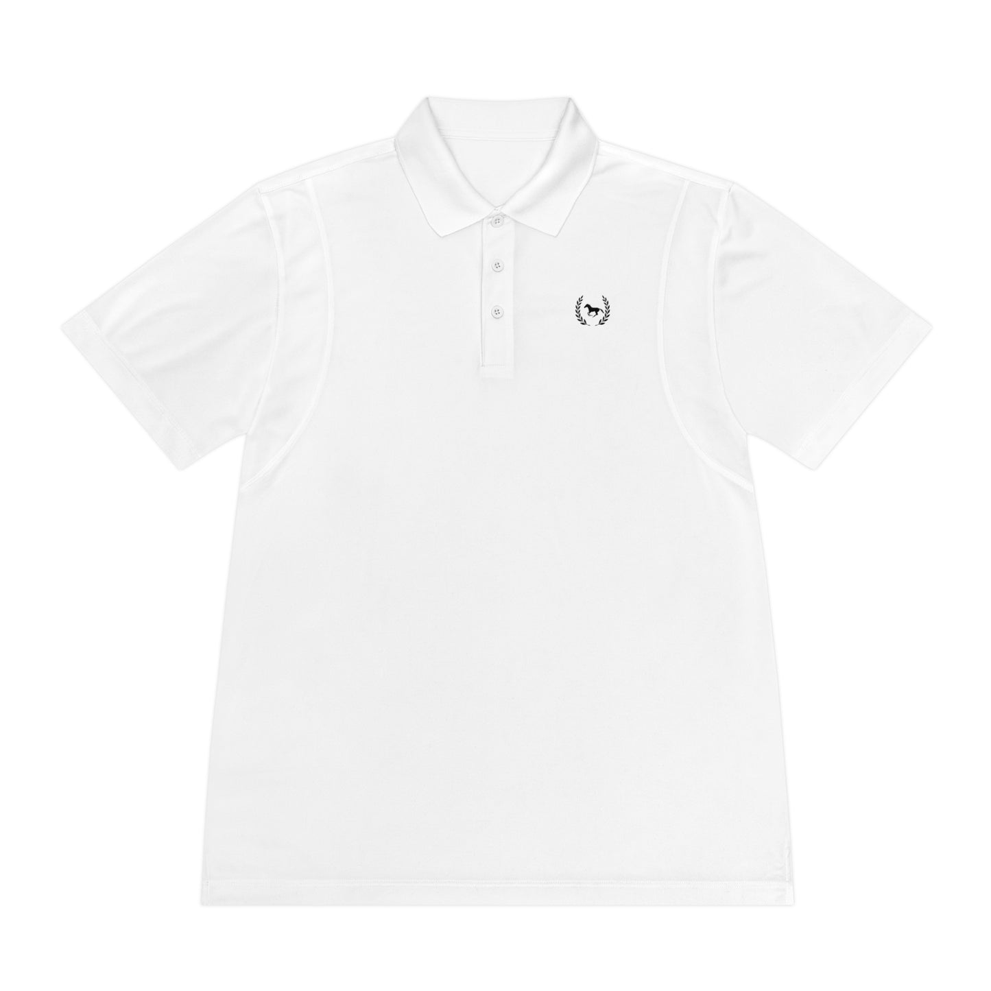 White polo shirt with a small black logo on a white background