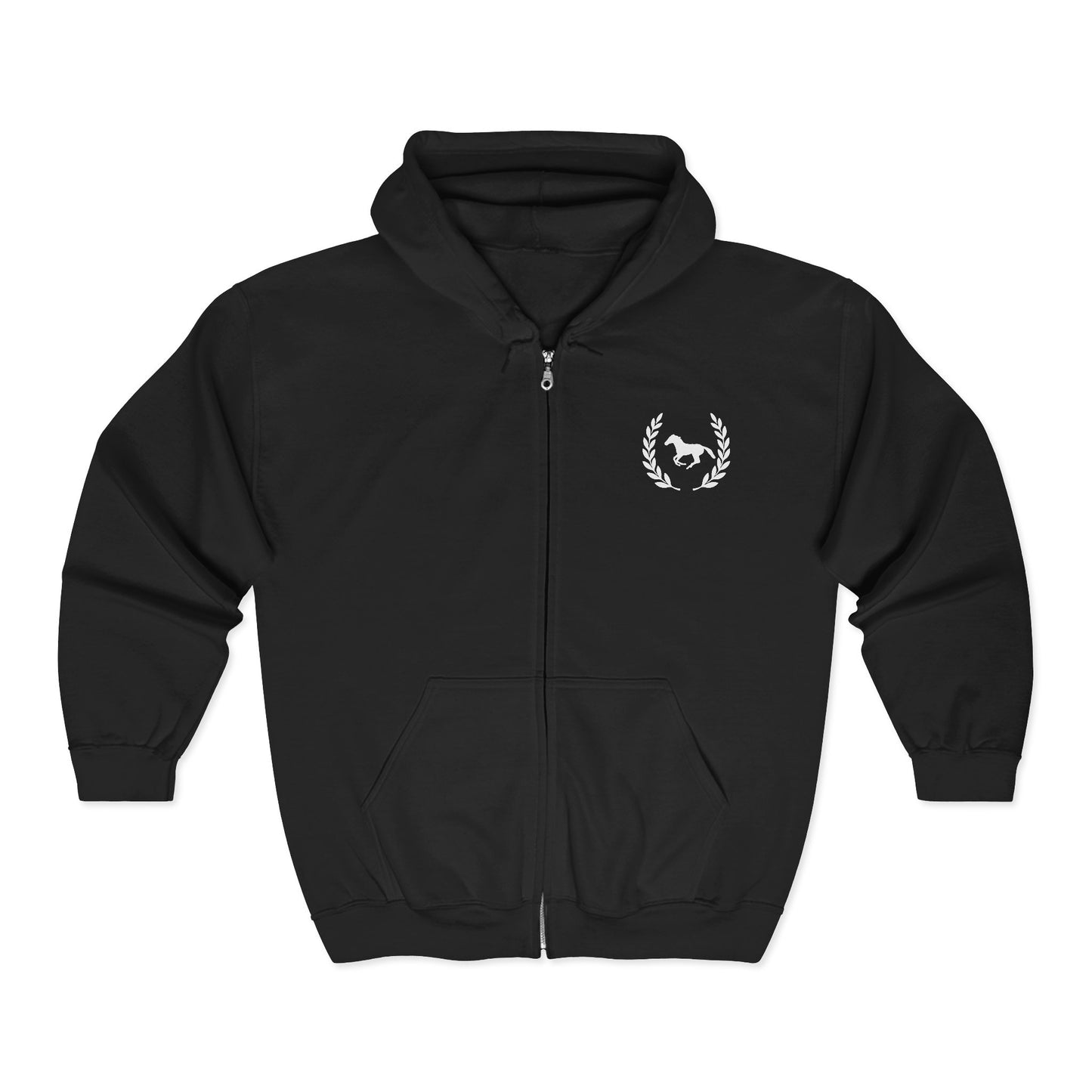 Black hoodie with a white logo on the chest against a white background