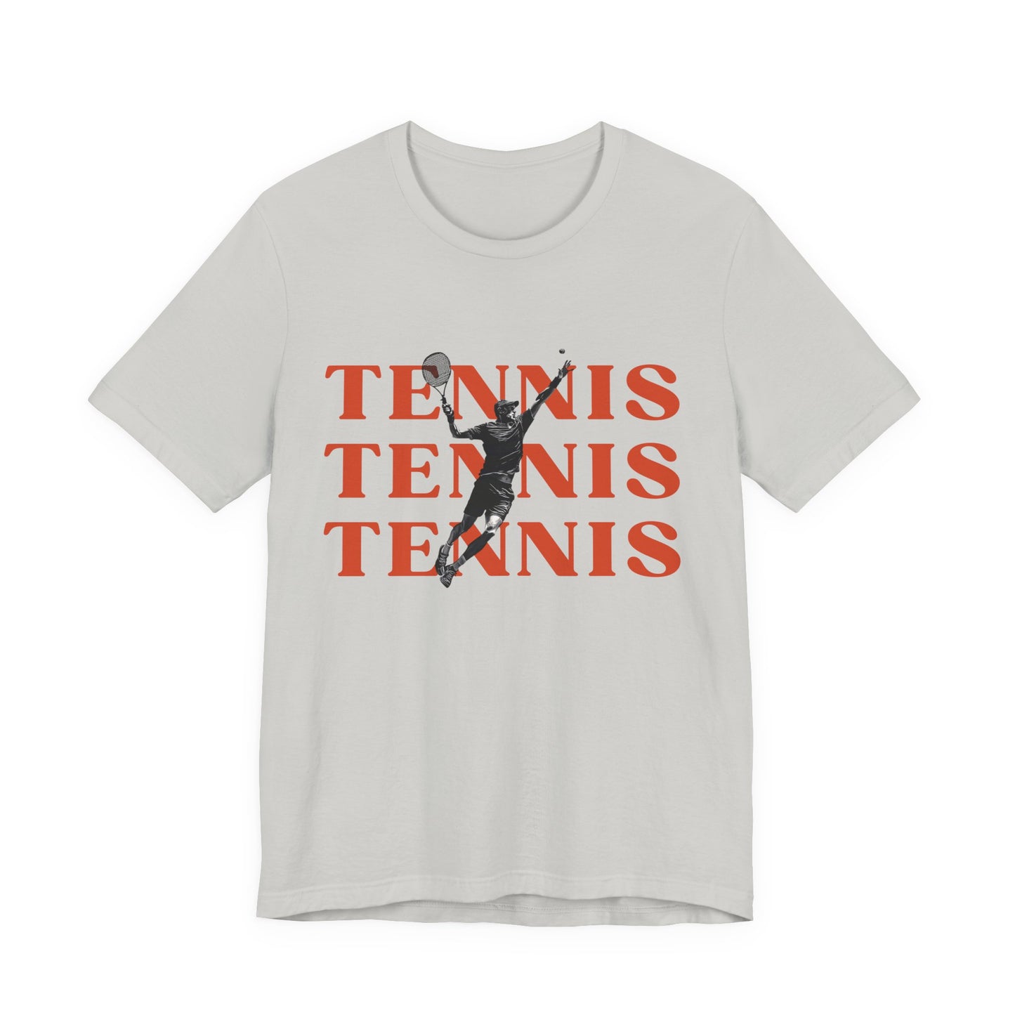 Gray t-shirt with red 'TENNIS TENNIS TENNIS' text and tennis player graphic on a white background