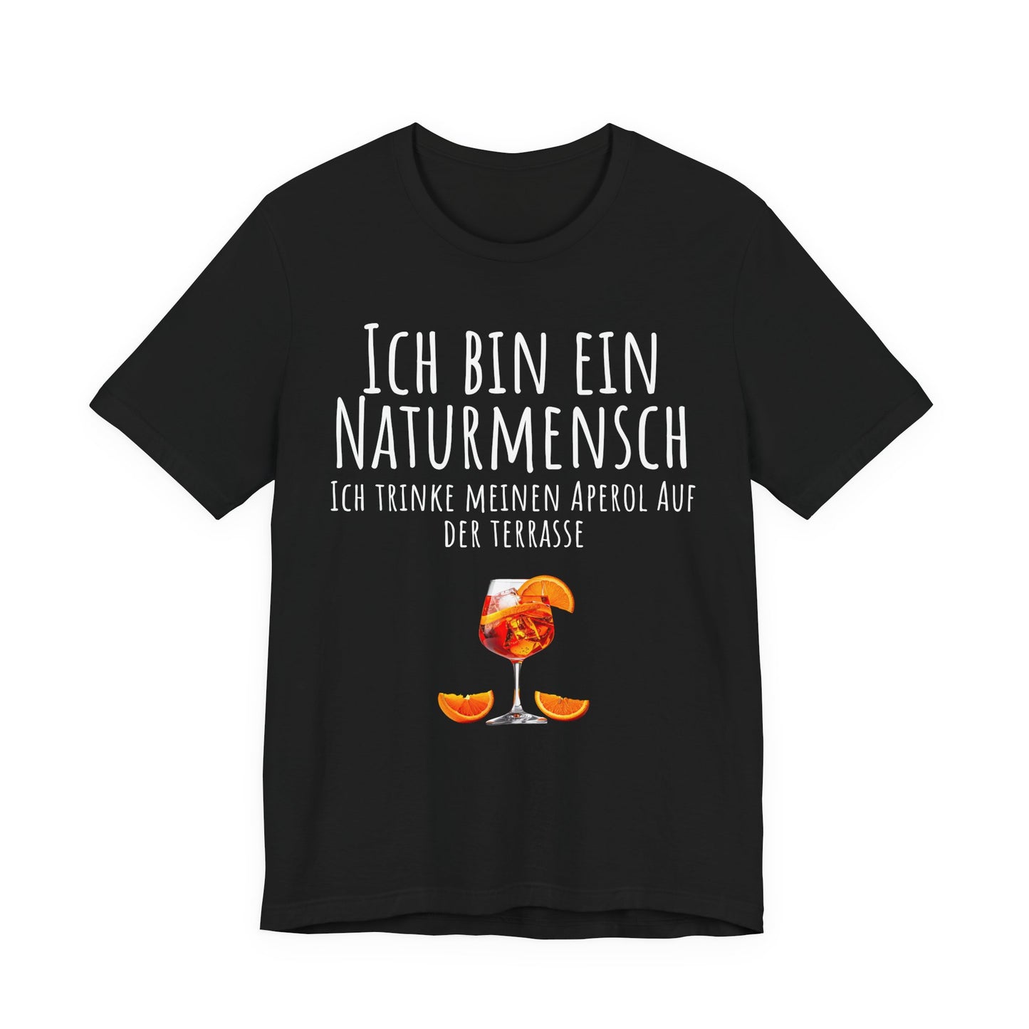 Black t-shirt with a drink graphic and German text on a white background