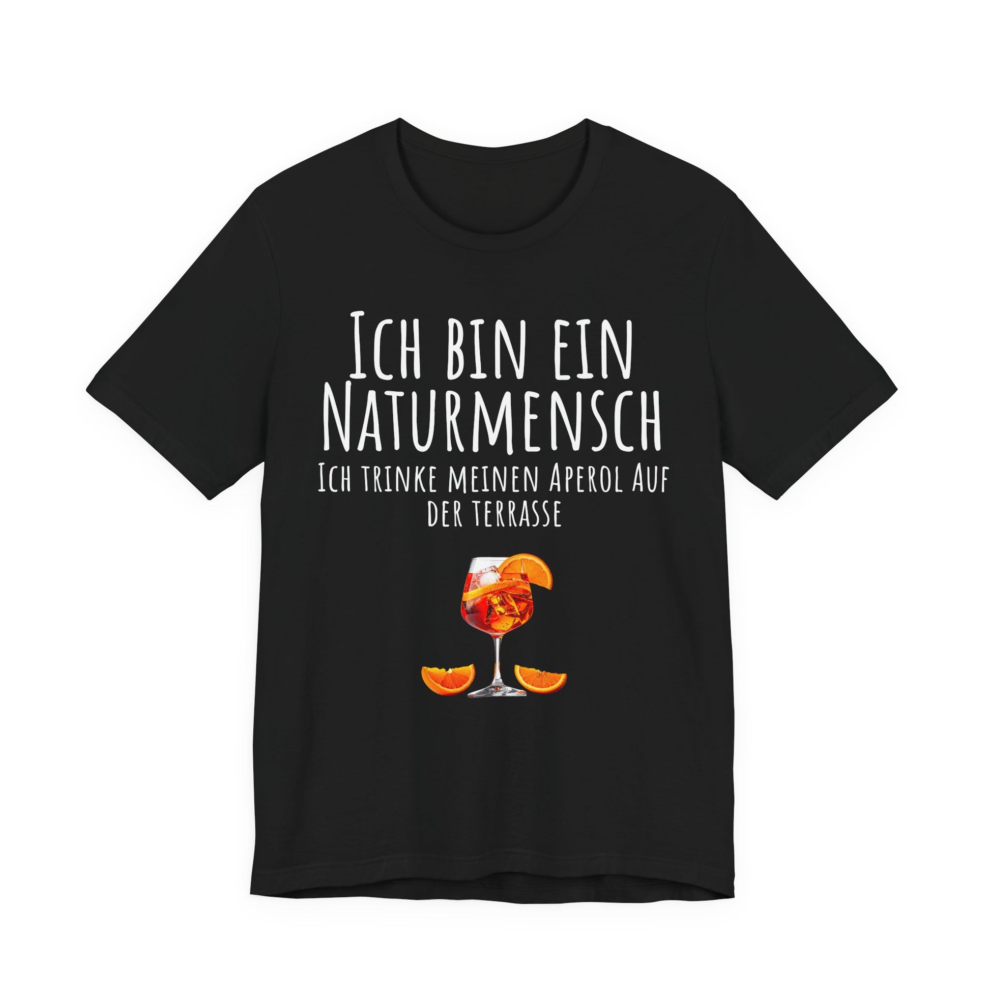 Black t-shirt with a drink graphic and German text on a white background