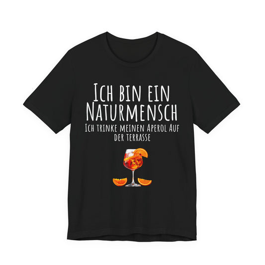 Black t-shirt with a drink graphic and German text on a white background