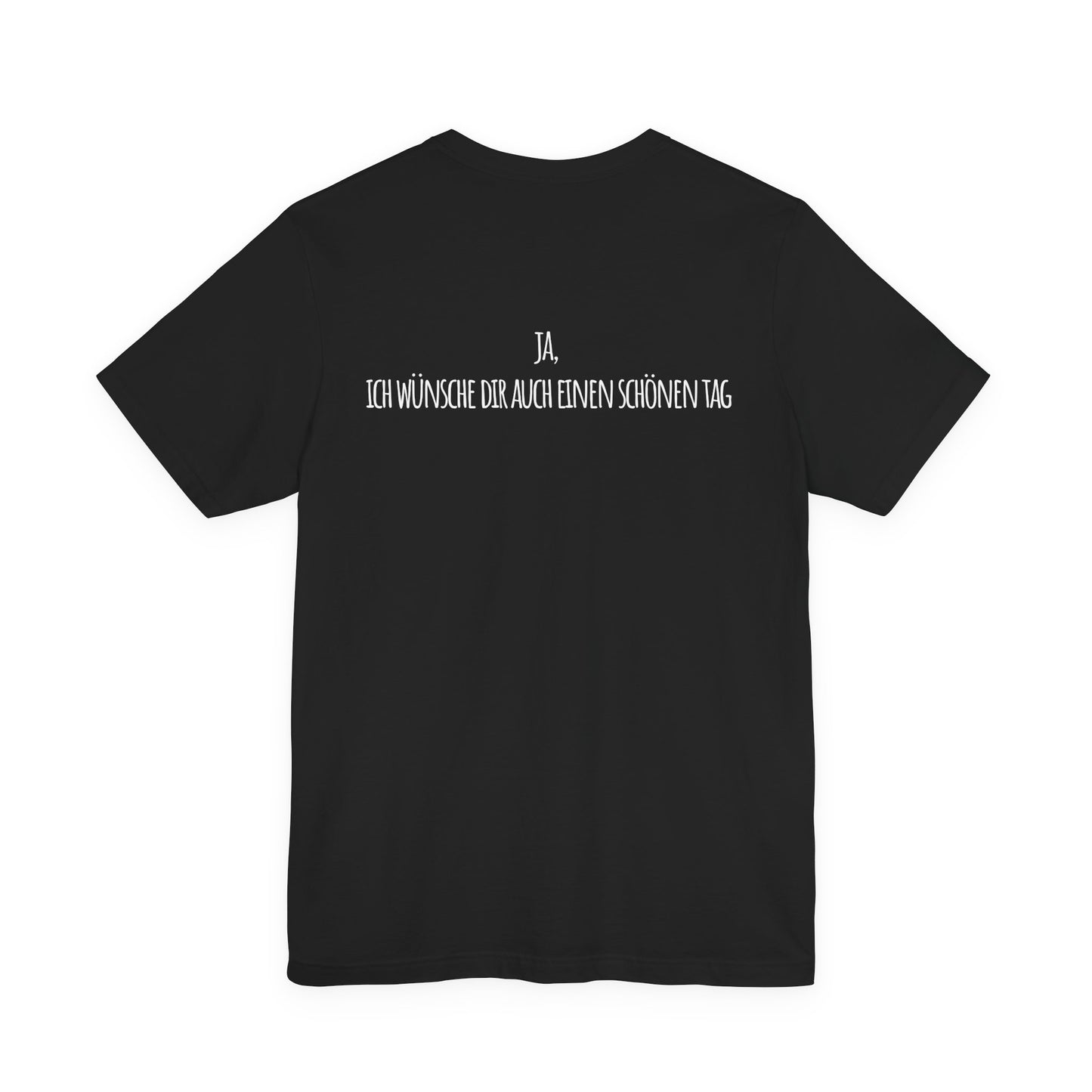 Black t-shirt with white text on the back against a white background