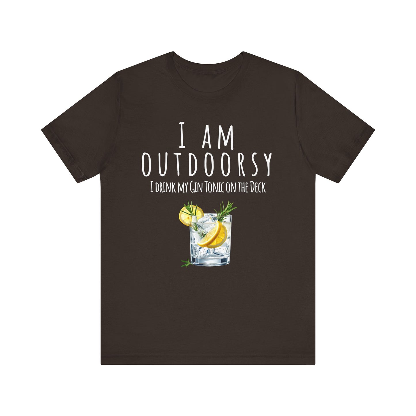 Brown t-shirt with a graphic of a gin tonic and text on a white background
