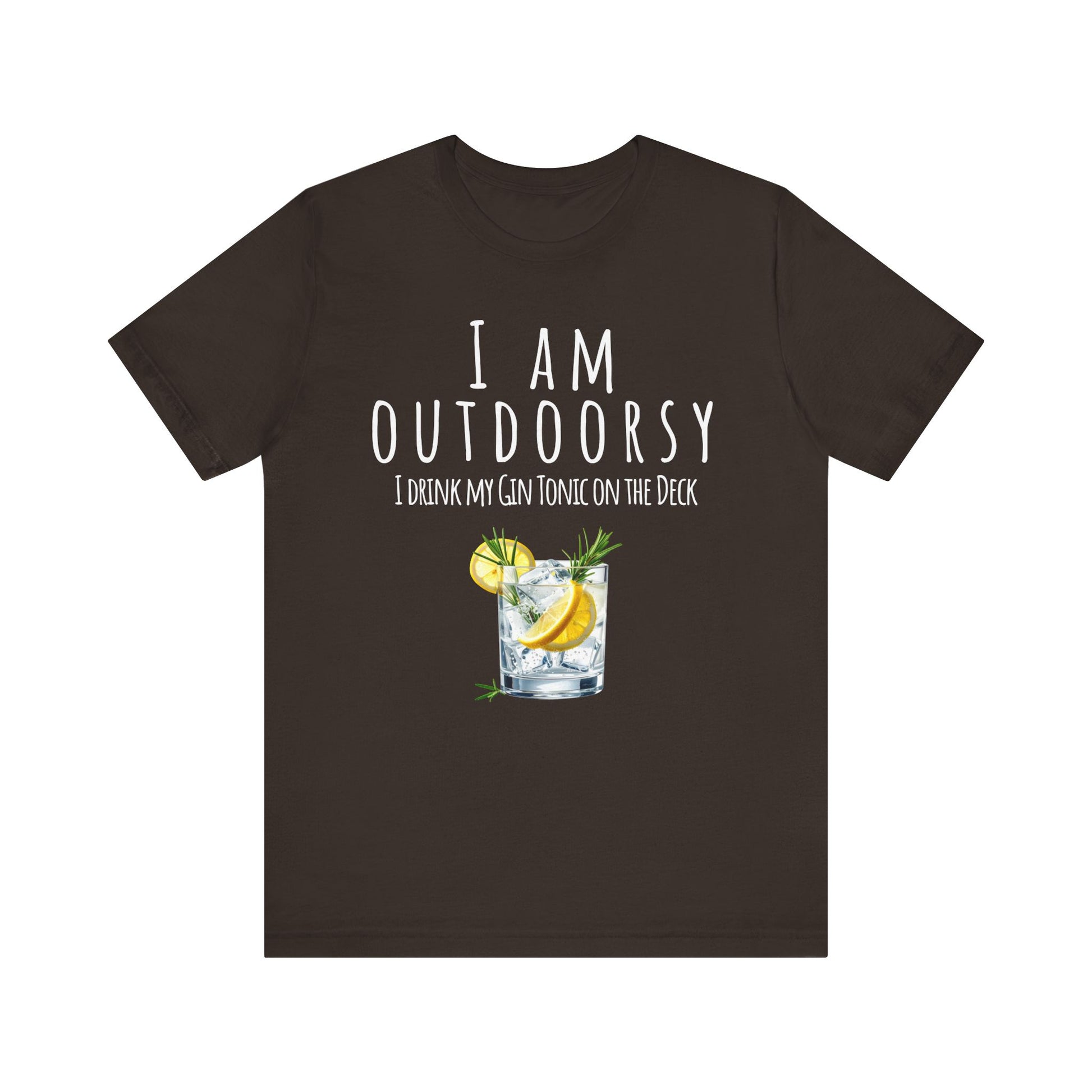 Brown t-shirt with a graphic of a gin tonic and text on a white background