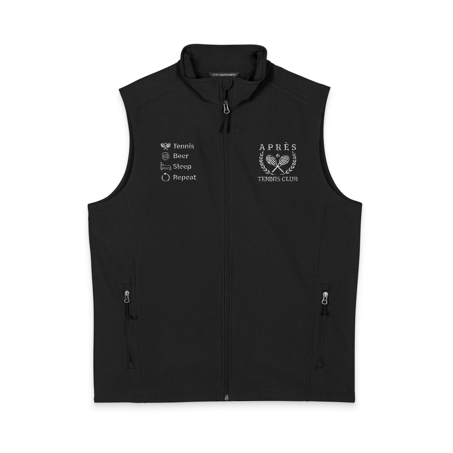 Tennis Sweater Vest Gray vest with a brand logo on a white background