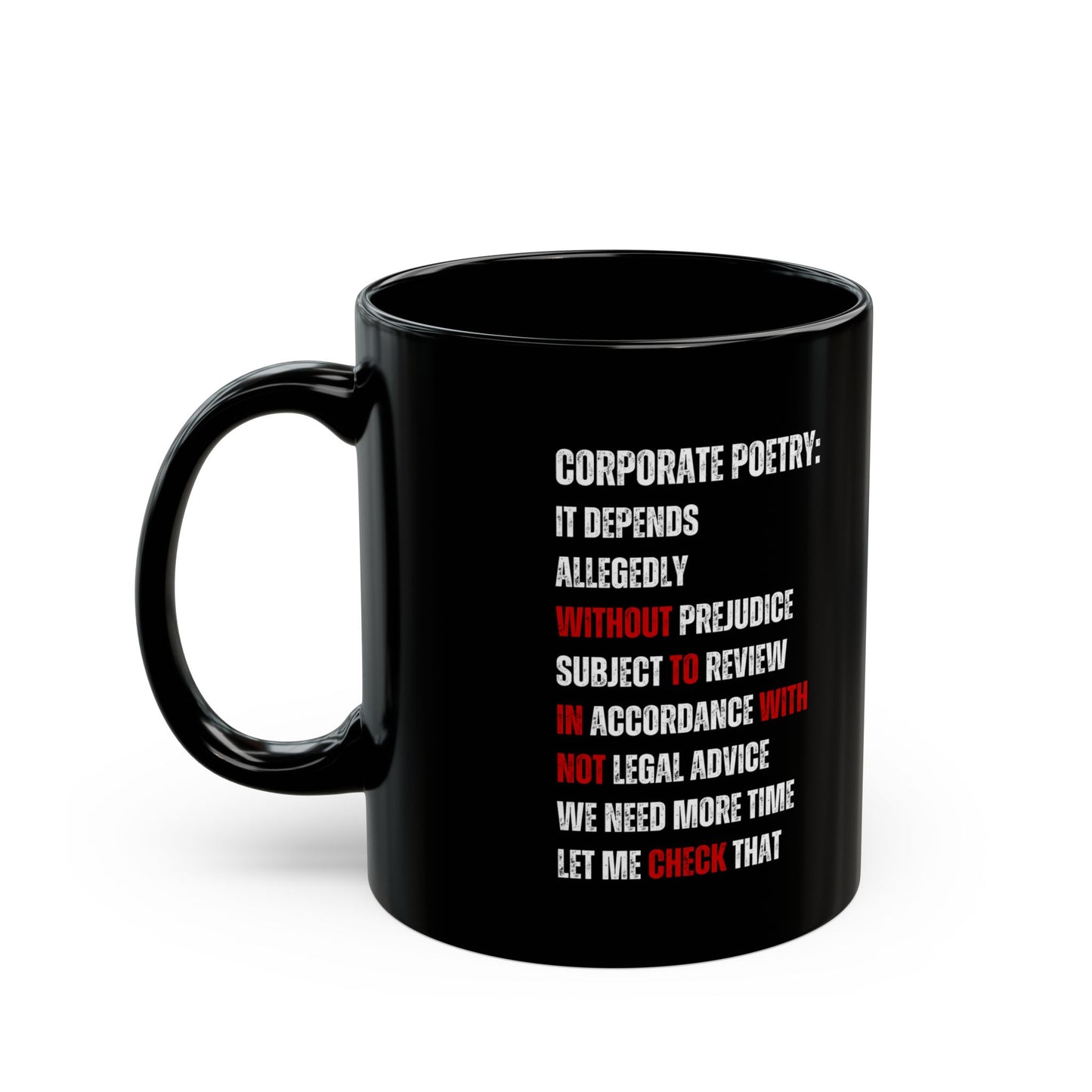 Black mug with text on a white background