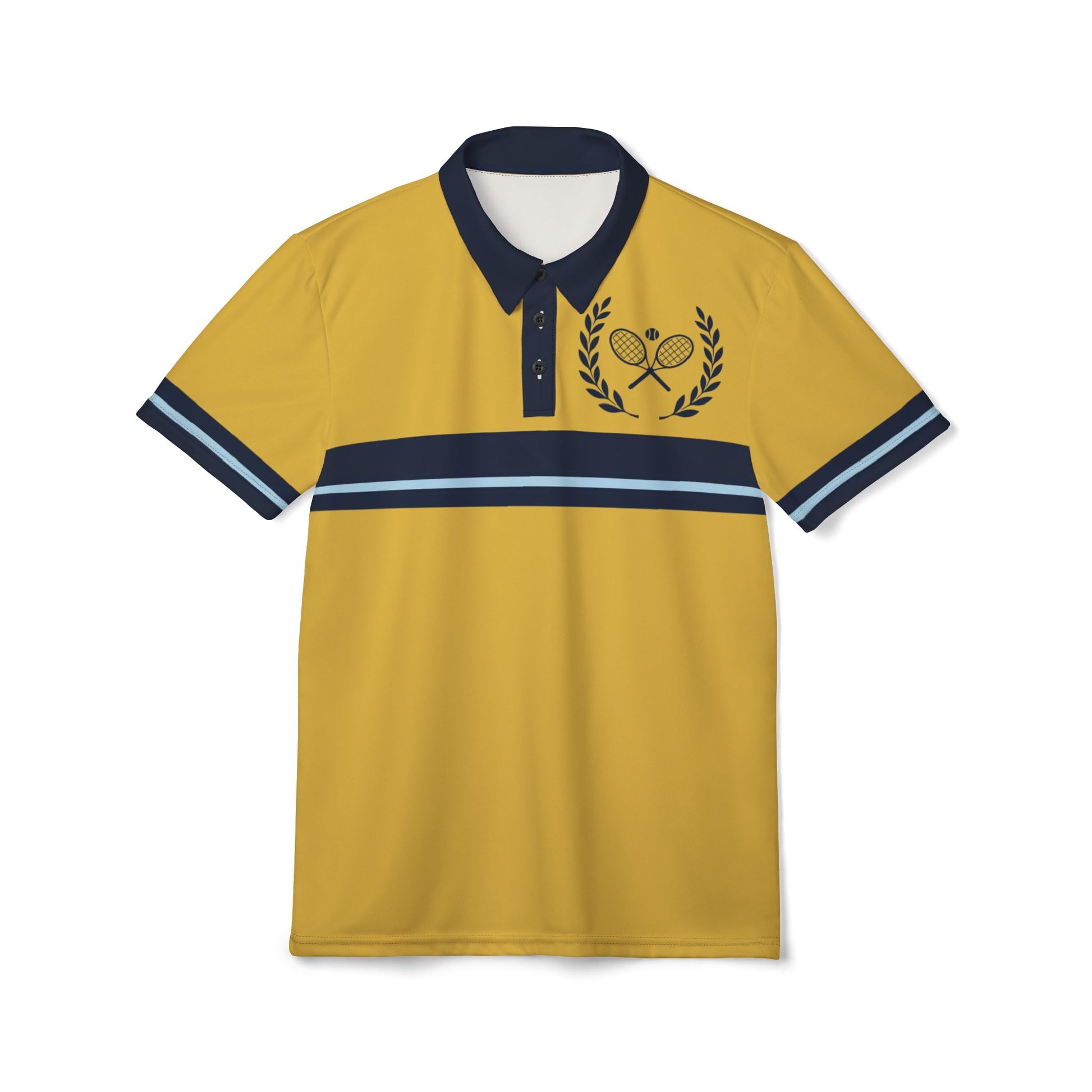 Vintage Tennis Polo Yellow polo shirt with navy accents and a logo on a white background