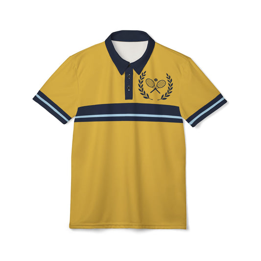Vintage Tennis Polo Yellow polo shirt with navy accents and a logo on a white background