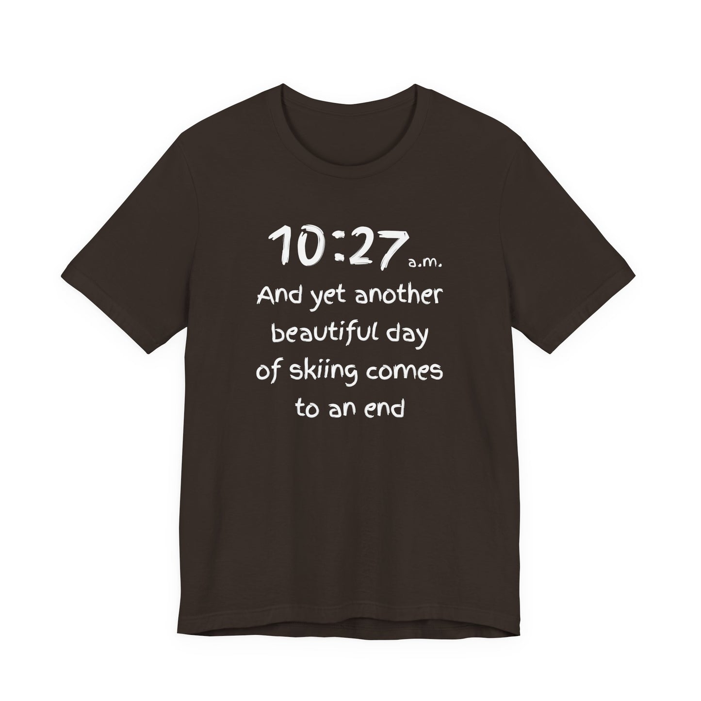 Black t-shirt with white text on a white background