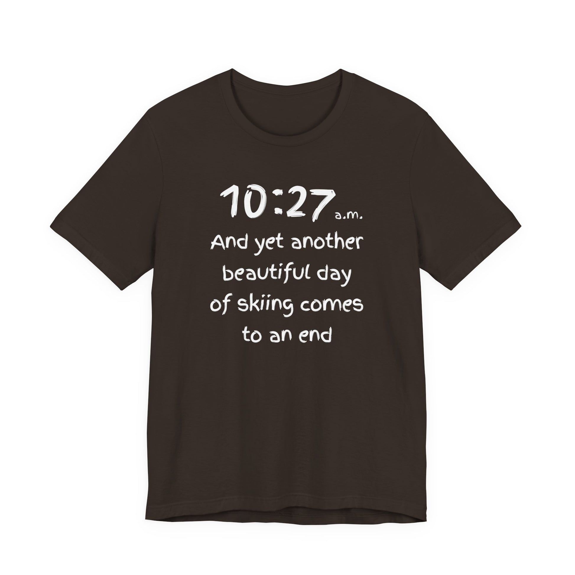 Black t-shirt with white text on a white background