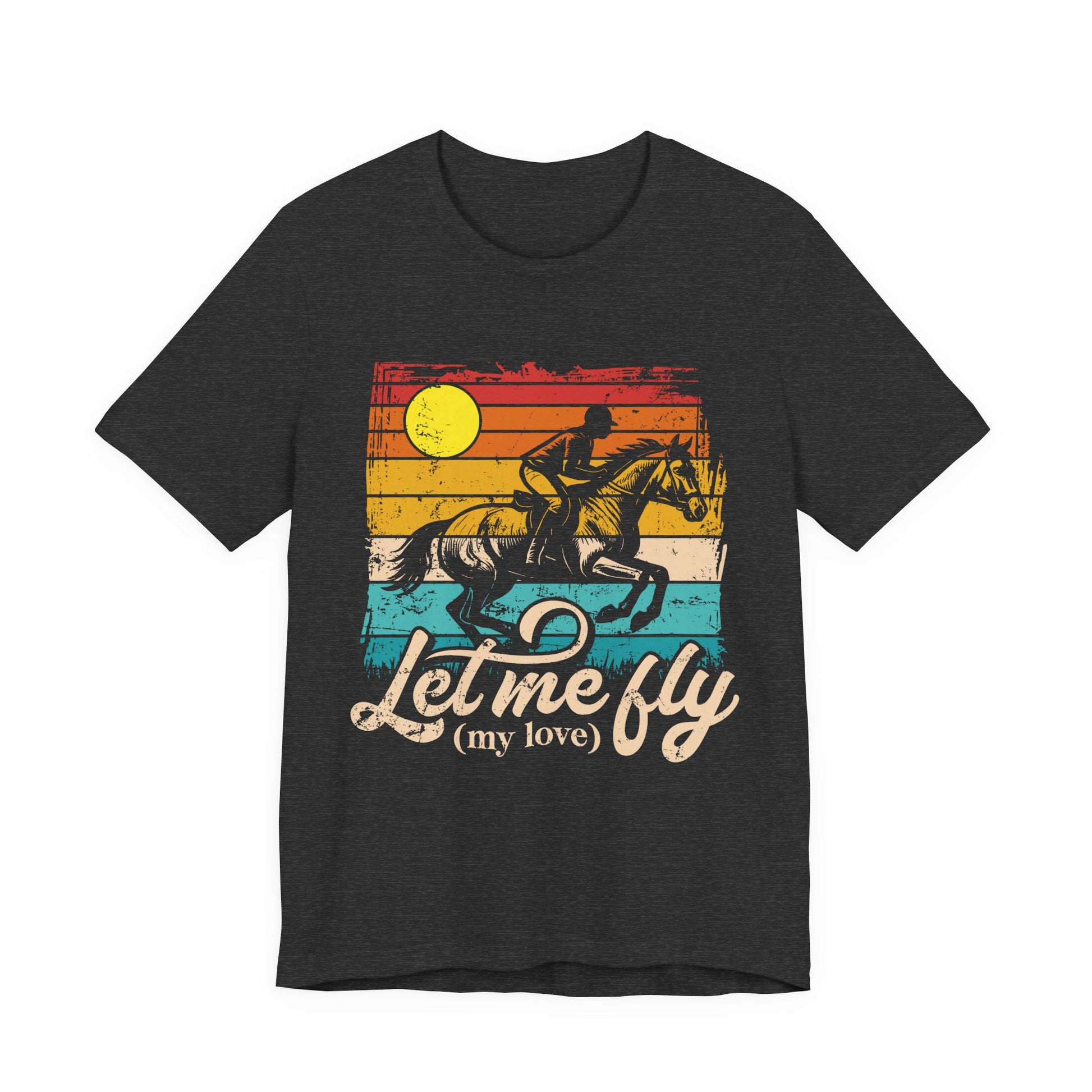 Black t-shirt with a graphic of a person riding a horse and 'Let me fly (my love)' text on a white background
